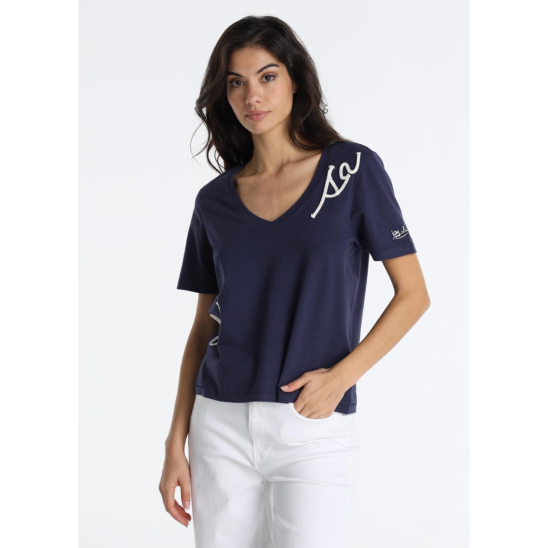 LOIS JEANS - Camiseta de Cuello en V con Detalle de Cordón Marino