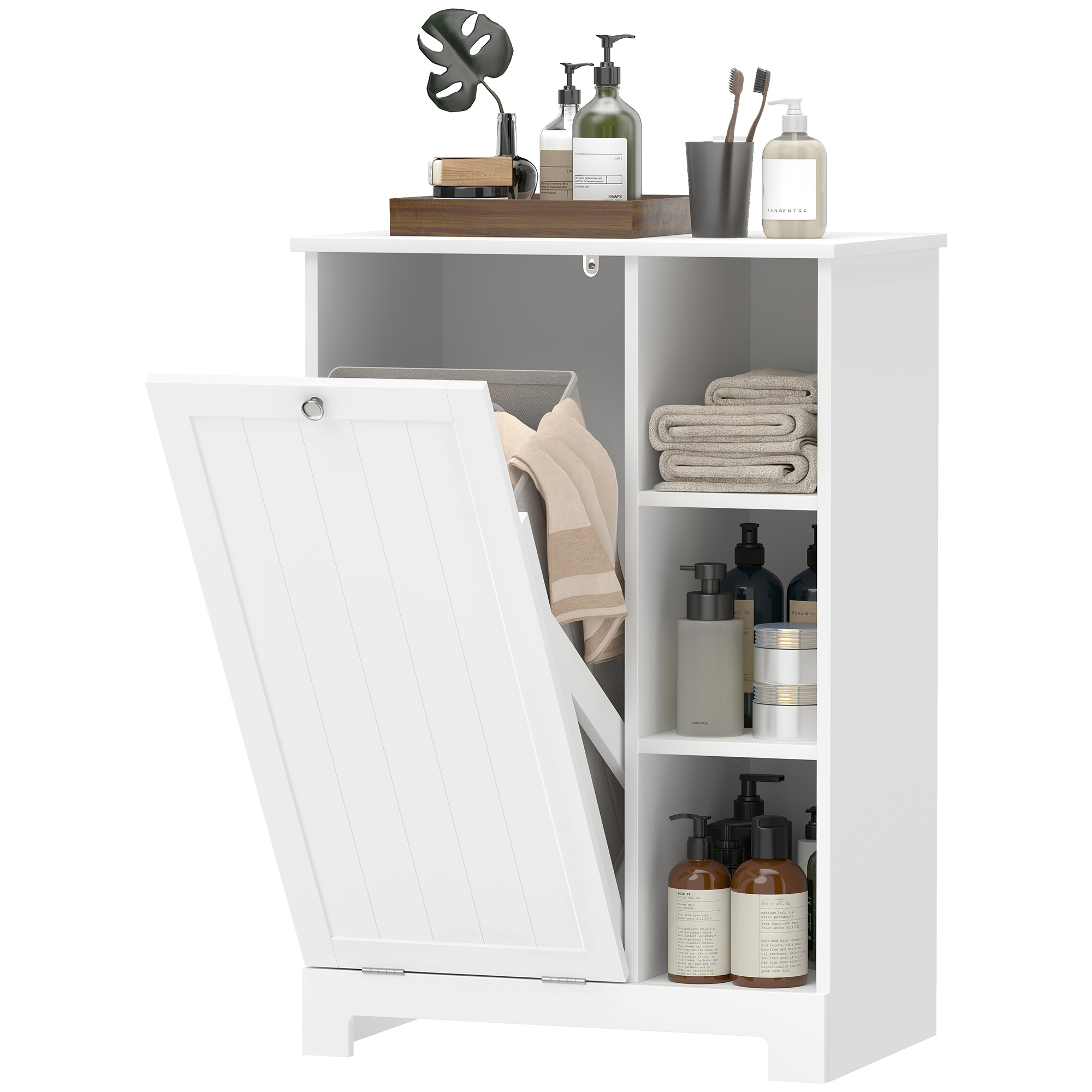 HOMCOM Armario de Baño con Cesto Ropa Sucia Mueble de Baño con Puerta Abatible Estantes Abiertos y Cesta Extraíble 60x38x86 cm Blanco