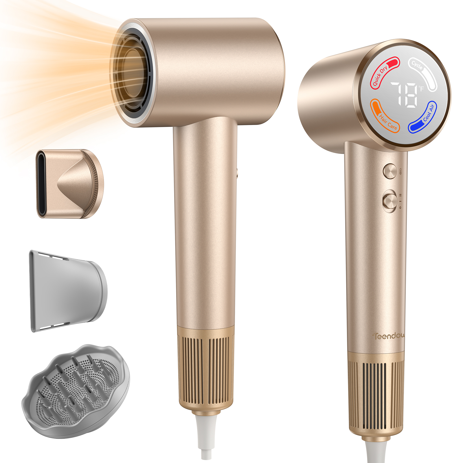 Teendow M78PA, Hair Dryers, 110,000RPM, 22 m/s Airflow, Grip-Activated On/Off, 53dB Low Noise, Hair Protection, 3 Magnetic Rotatable Styling Nozzles, 4 Heat Temperature Modes, 2 Air Speed, Lightweight & Easy Carry