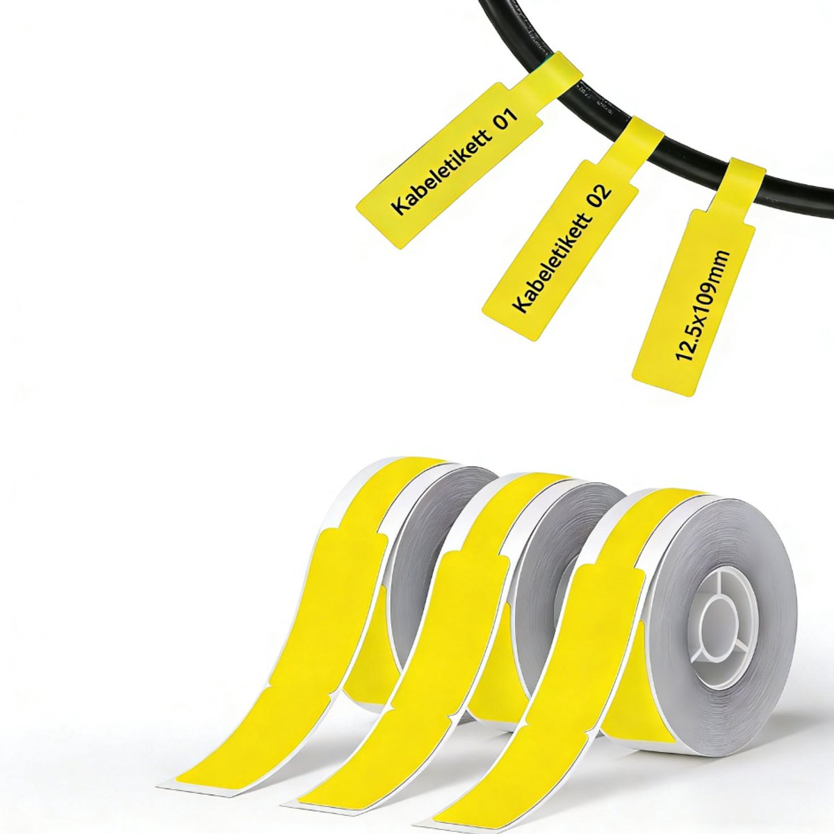 Etiquetas térmicas para cables - 12,5 x 109 mm - Aptas para impresoras de etiquetas D110, D11, D101 y H1S - 3 rollos de 65 etiquetas amarillas cada uno - Para la organización y gestión de cables en la oficina y el hogar
