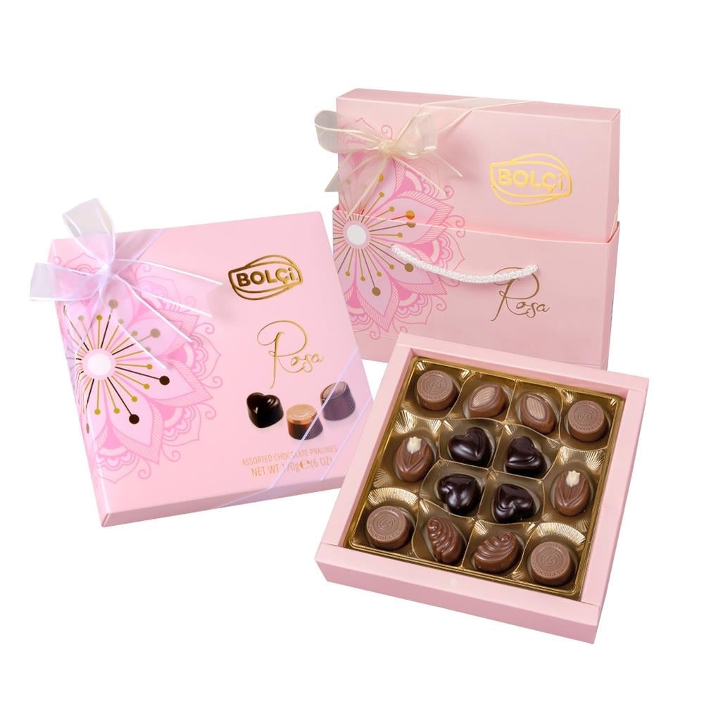 Bolçi - Pralinés Rosa 130 gr. 14  bombones de chocolate surtido  leche blanco negro 130 gr con bolsa de regalo a juego