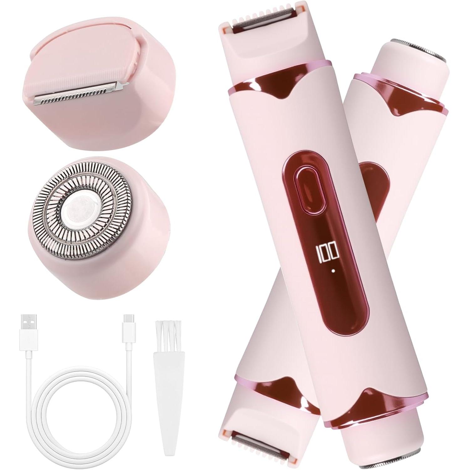 Afeitadora Electrica Mujer, 2 en 1 LCD Depiladora Intima Mujer | Recortadora Corporal para Bikini Axilas Brazos Cara Nariz, Cuchilla Cerámica Recargable Impermeable IPX7, Uso Húmedo y Seco