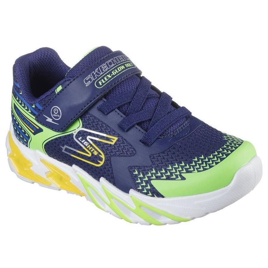 Zapatillas niño Skechers flex glow bolt color azul navy y verde con rayos amraillos en la suela que se iluminan con boton on off cierre de tira adherente y elasticos ligeras y muy divertidas