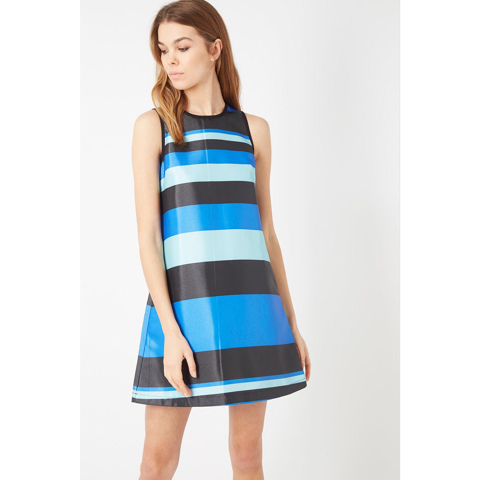 Vestido mujer recto sin mangas, dress satinado moderno, diseño rayas azul negro turquesa, escote redondo, 2 bolsillos laterales, outfit cómodo versátil, talla L, ideal looks casual frescos elegantes ✅Entrega 24/48h