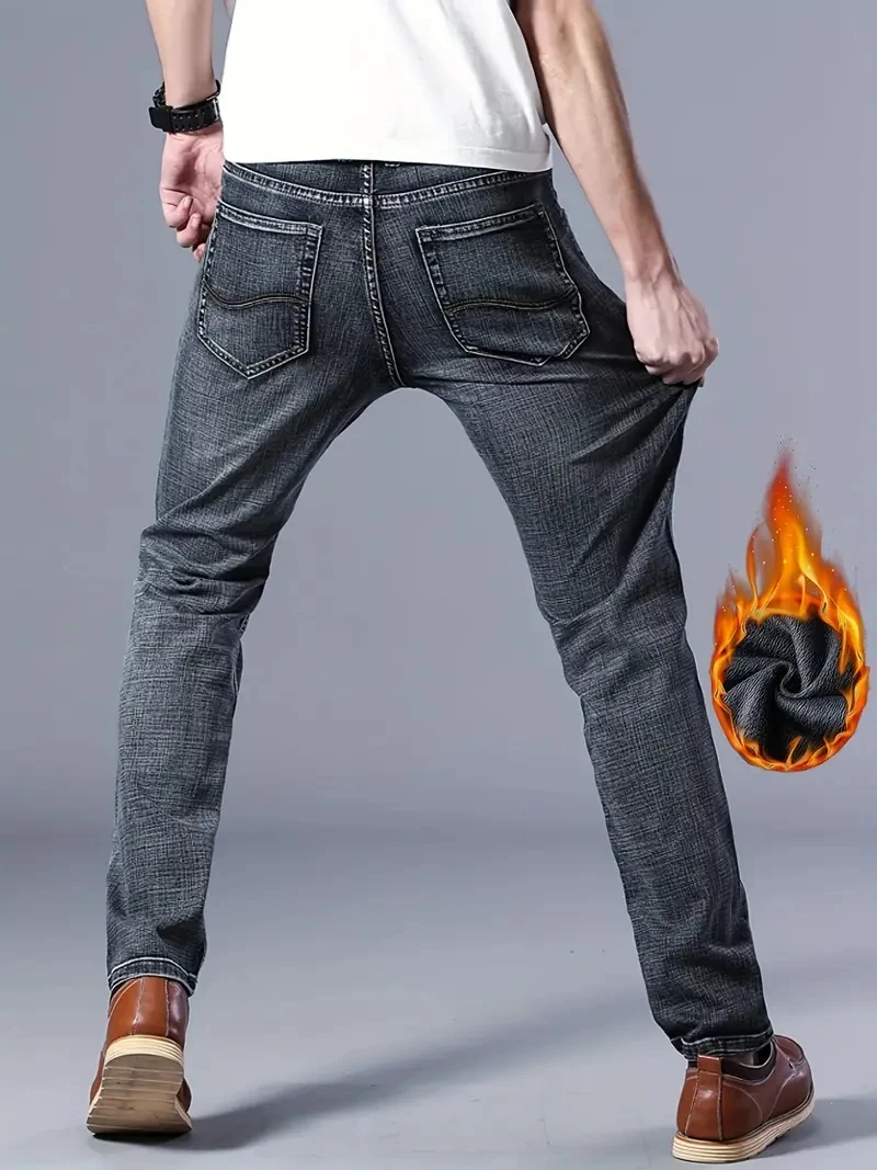 TK Pantalones De Trabajo De Flannel Cálidos De Invierno Para Hombre Jeans Slim Stretch Tejido Suave Cierre De Cremallera Pantalones Casuales De Negocio