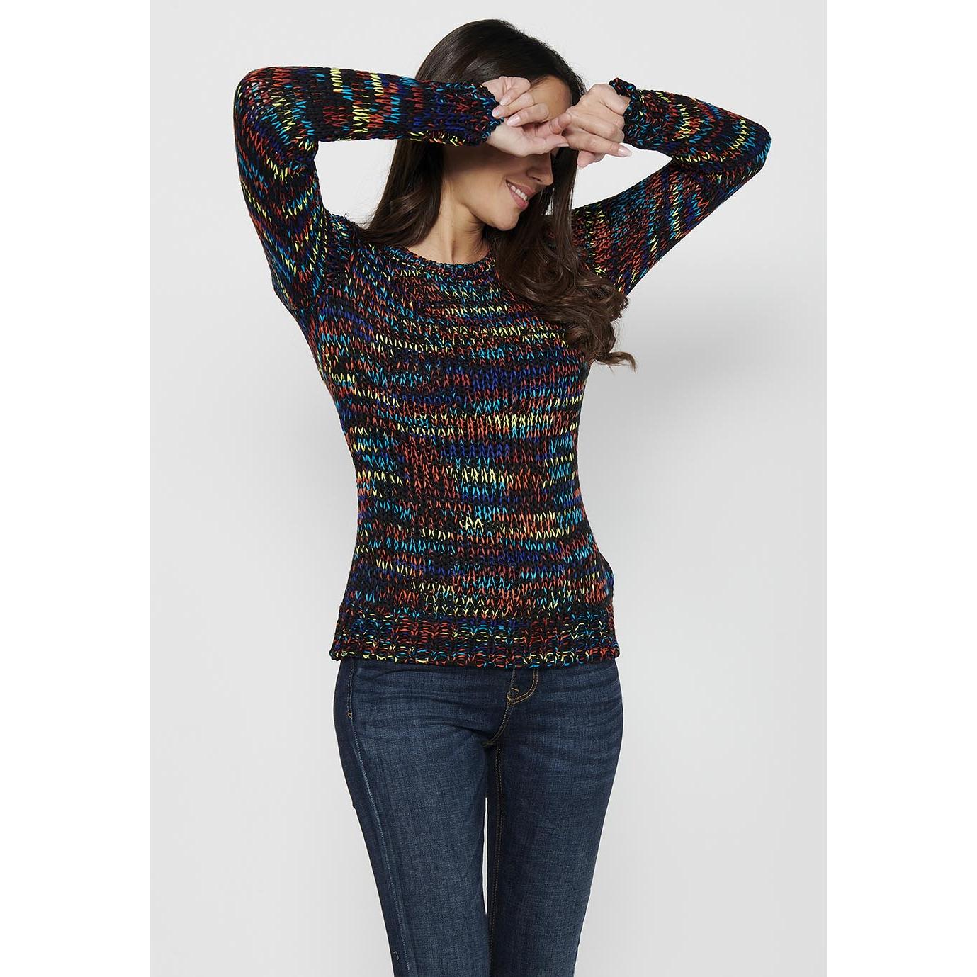 Koroshi - Jersey de mujer de tricot a rayas multicolor en acrílico 100%, manga larga y cuello redondo, modelo 2412TR17