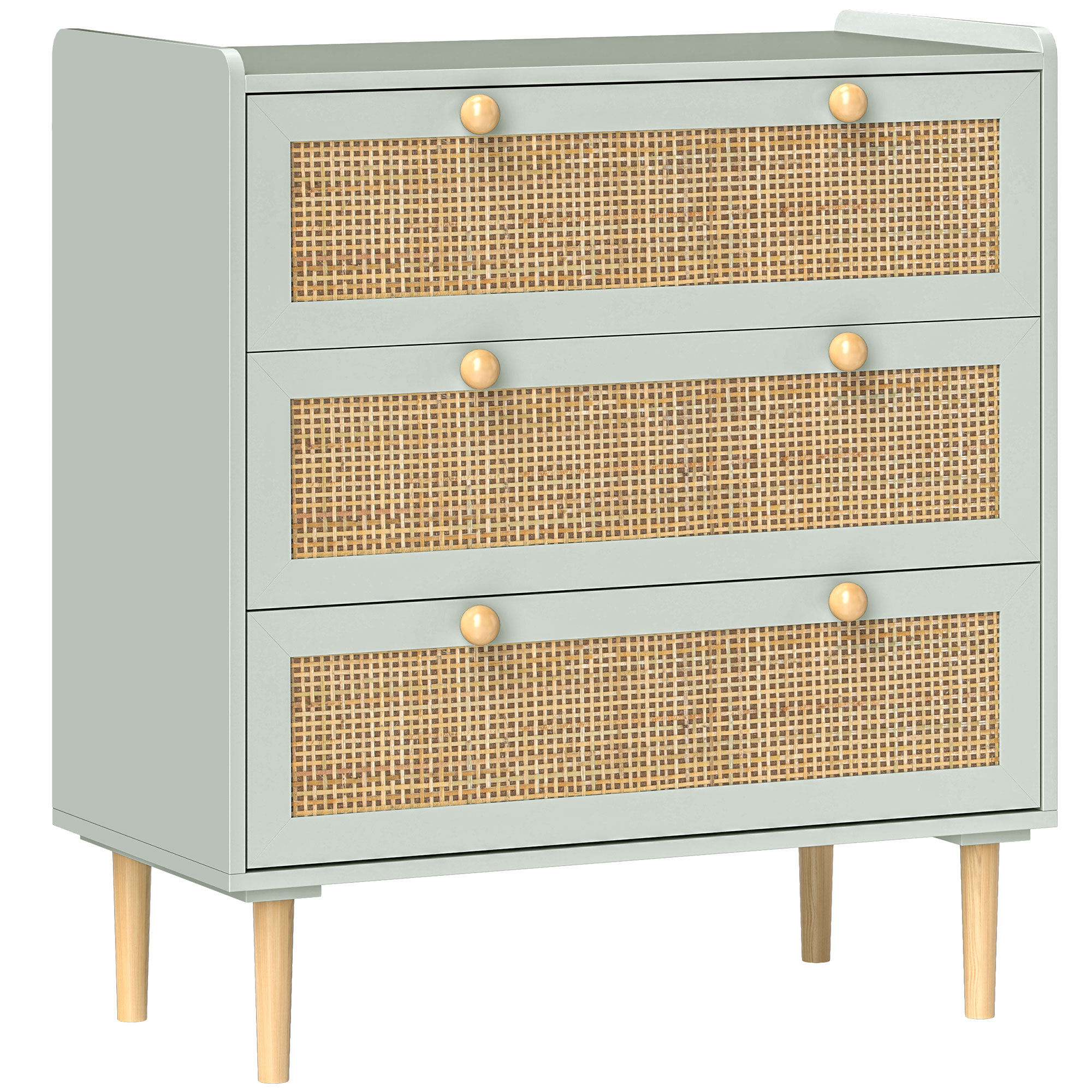 HOMCOM Cómoda de 3 cajones para dormitorio, estilo bohemio, con marco de madera, de ratán, para dormitorio, salón, entrada, 80 x 40 x 87,5 cm, color azul claro
