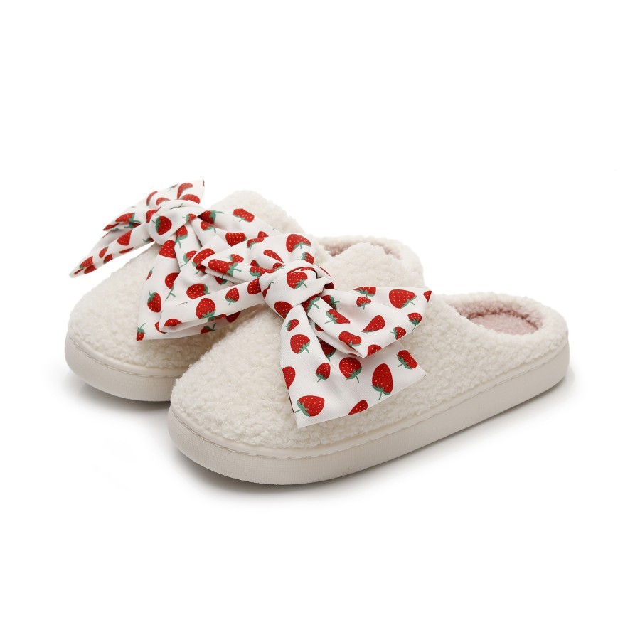 TK Pantuflas suaves con un gran lazo y estampado de fresas: un diseño adorable para mujer (Viñetas)