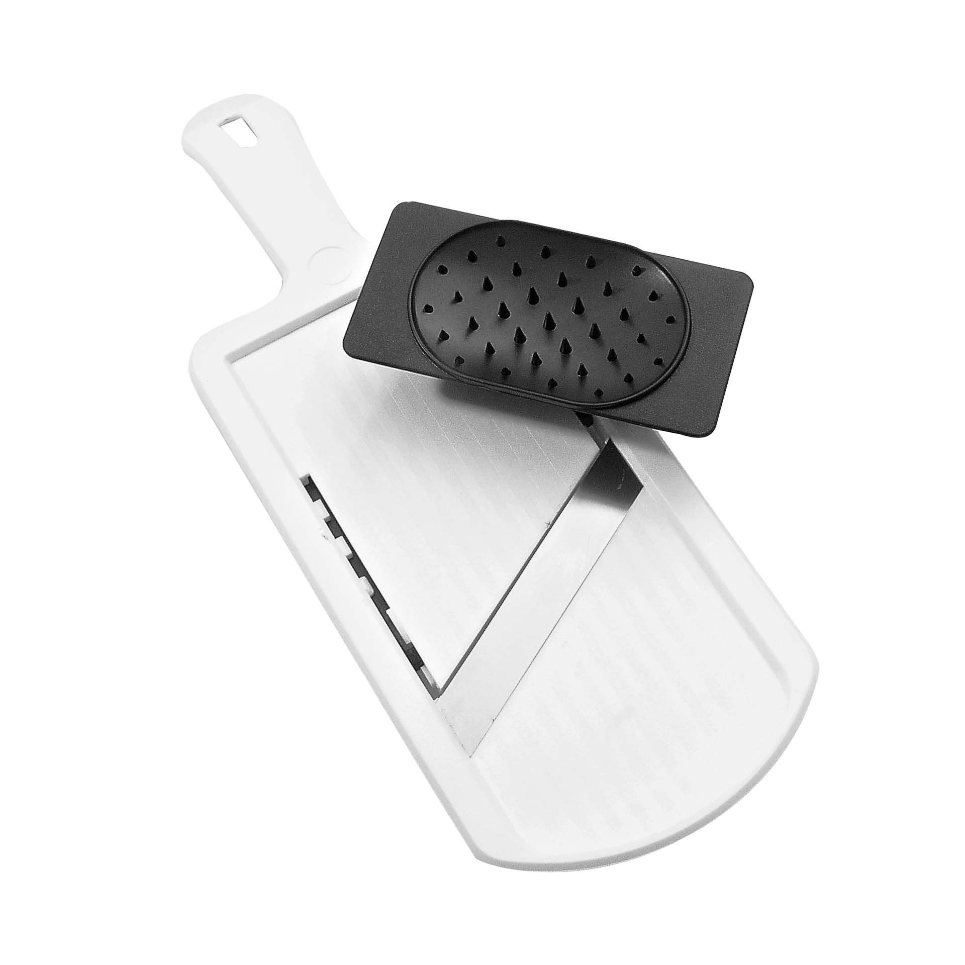 Fackelmann Mandolina de Cocina Profesional, Cortador de Verduras y Patatas con Grosor Ajustable 1-6 mm, con Protector de Dedos, Cuchilla muy afilada de Acero Inoxidable, Color Blanco,  32x12 cm, 1 ud