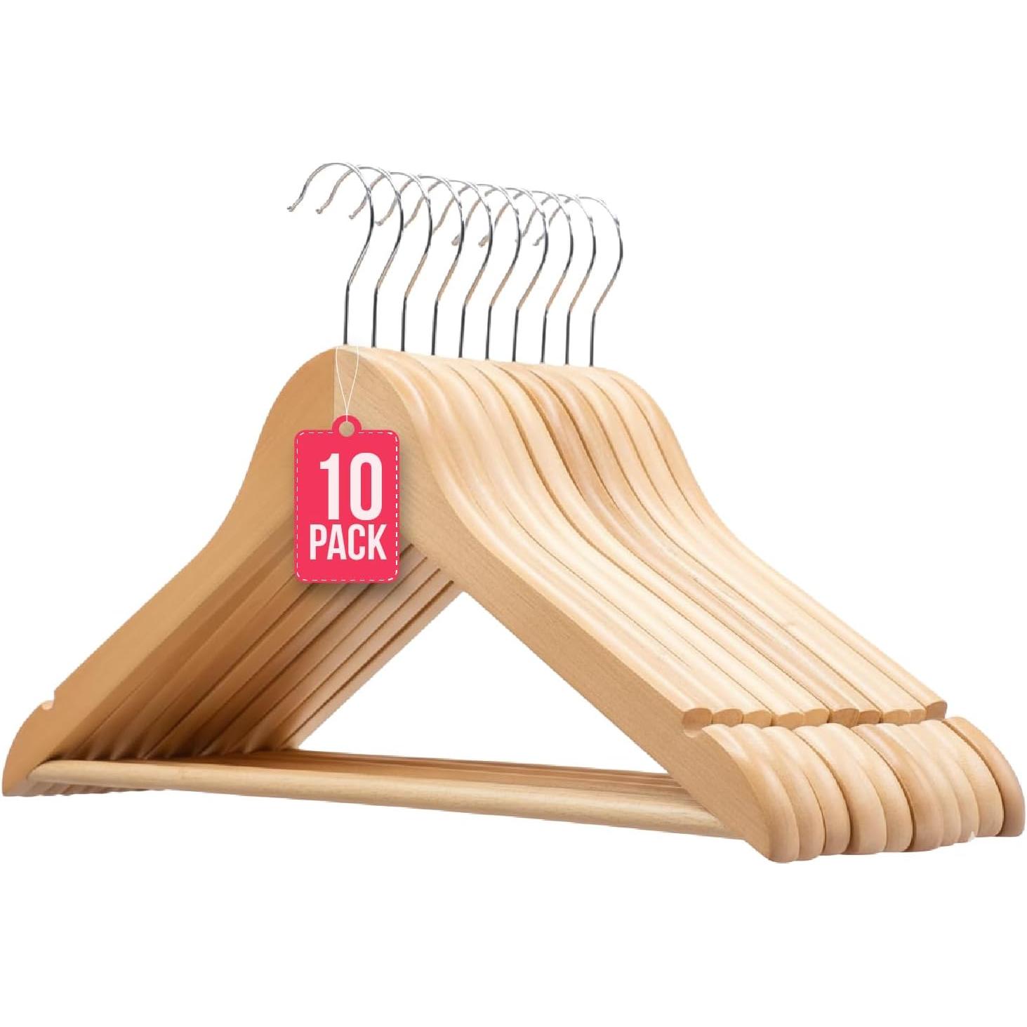 COM-FORT HOUSE | Pack de 10 Perchas de Madera Maciza Blanca con Gancho Giratorio 360° y Muescas Antideslizantes - con Barra para Pantalones - Alta Resistencia 10 unidades