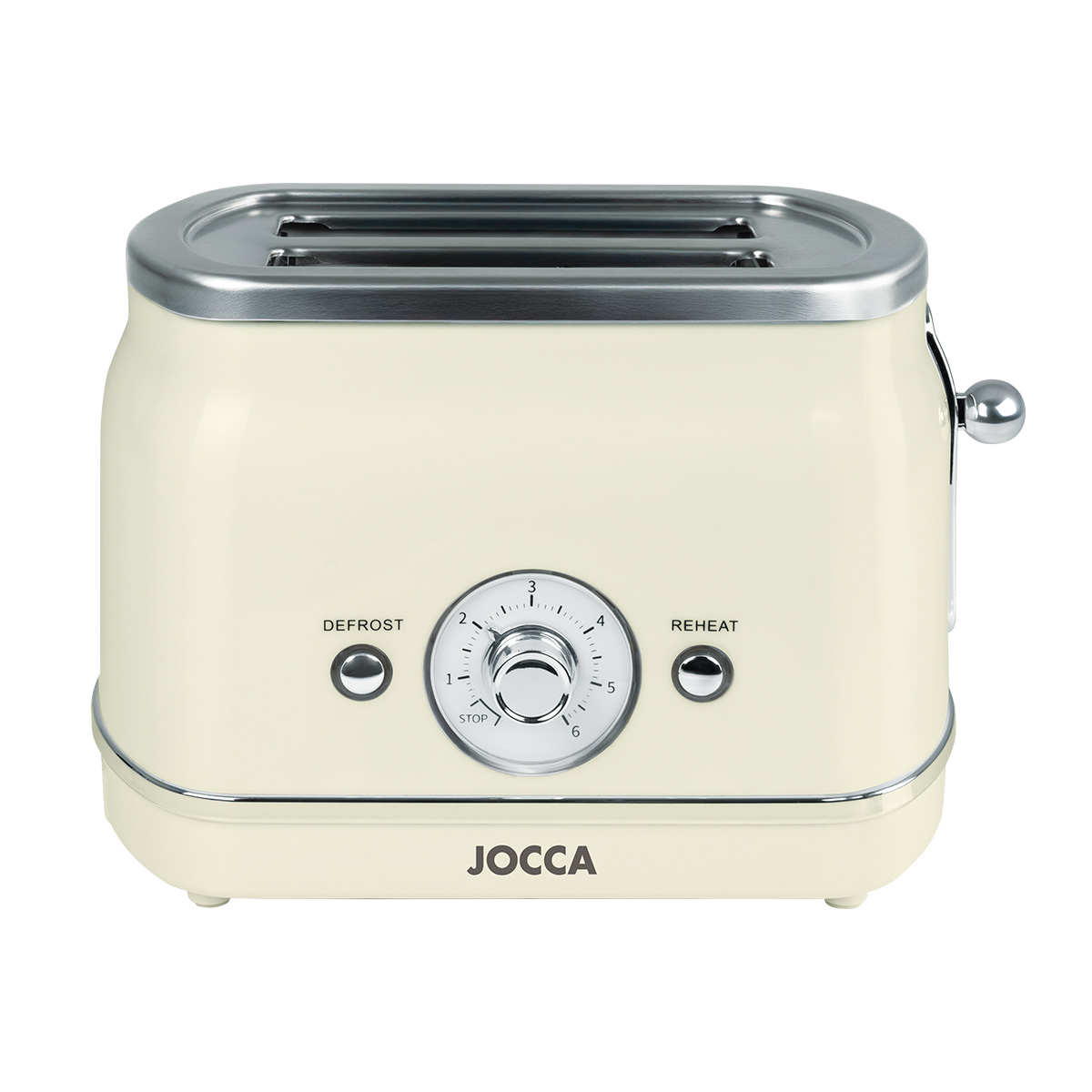 Tostadora retro Jocca 2 rebanadas con 6 niveles de tostado, luz LED, bandeja recoge migas extraíble, función recalentar y descongelar, diseño vintage elegante, compacta y práctica, con compartimento para cable. 700W