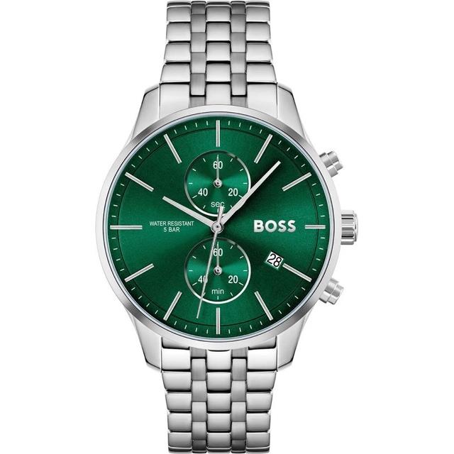 Hugo Boss - 1513975 Reloj de pulsera para hombre modelo con caja y correa de acero inoxidable, cristal mineral y resistencia al agua 5 atm, diámetro 42 mm, color gris y corona verde