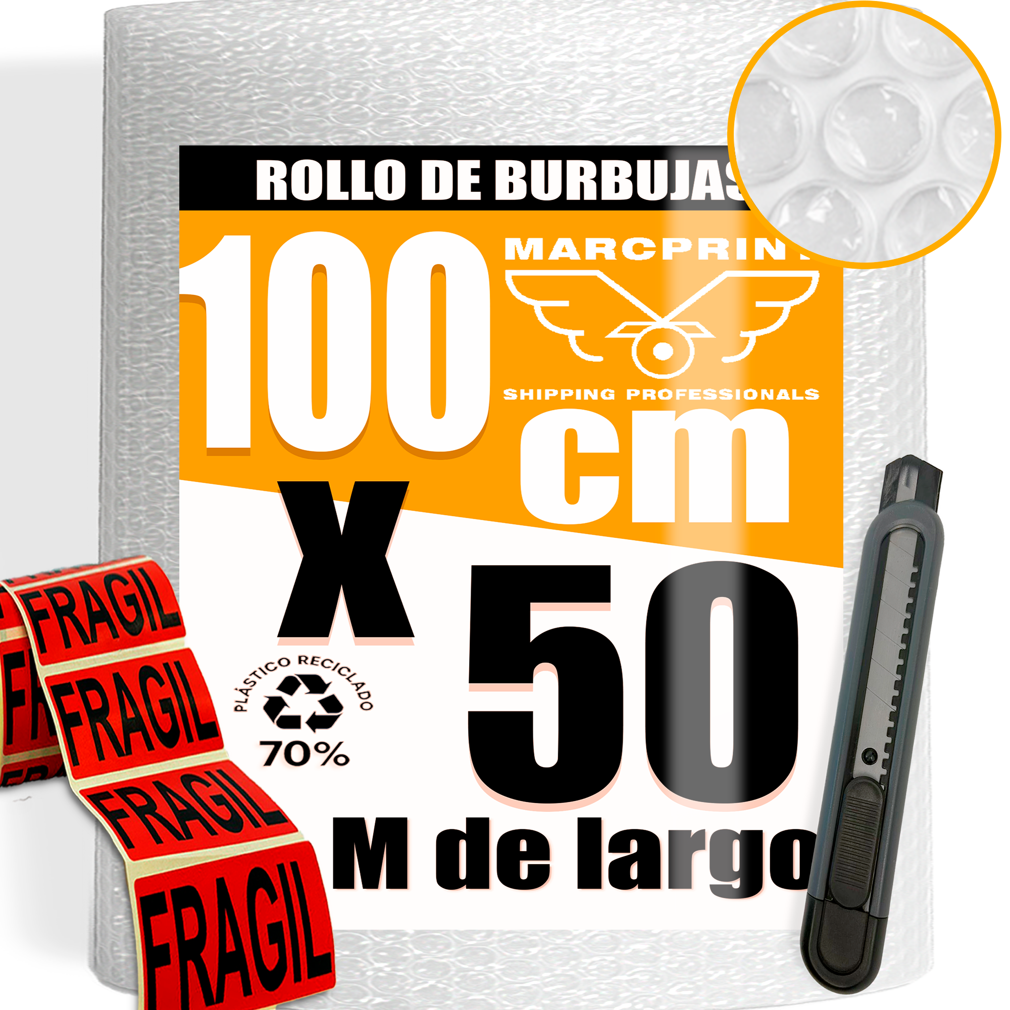 MARCPRINT Rollo Burbuja Embalaje 50 cm x 100 m con Cutter y 10 Pegatinas de Fragil – Papel Burbuja para Mudanzas y Envíos – Plástico de Burbujas Protector Antigolpes – Embalaje Profesional Reutilizable.