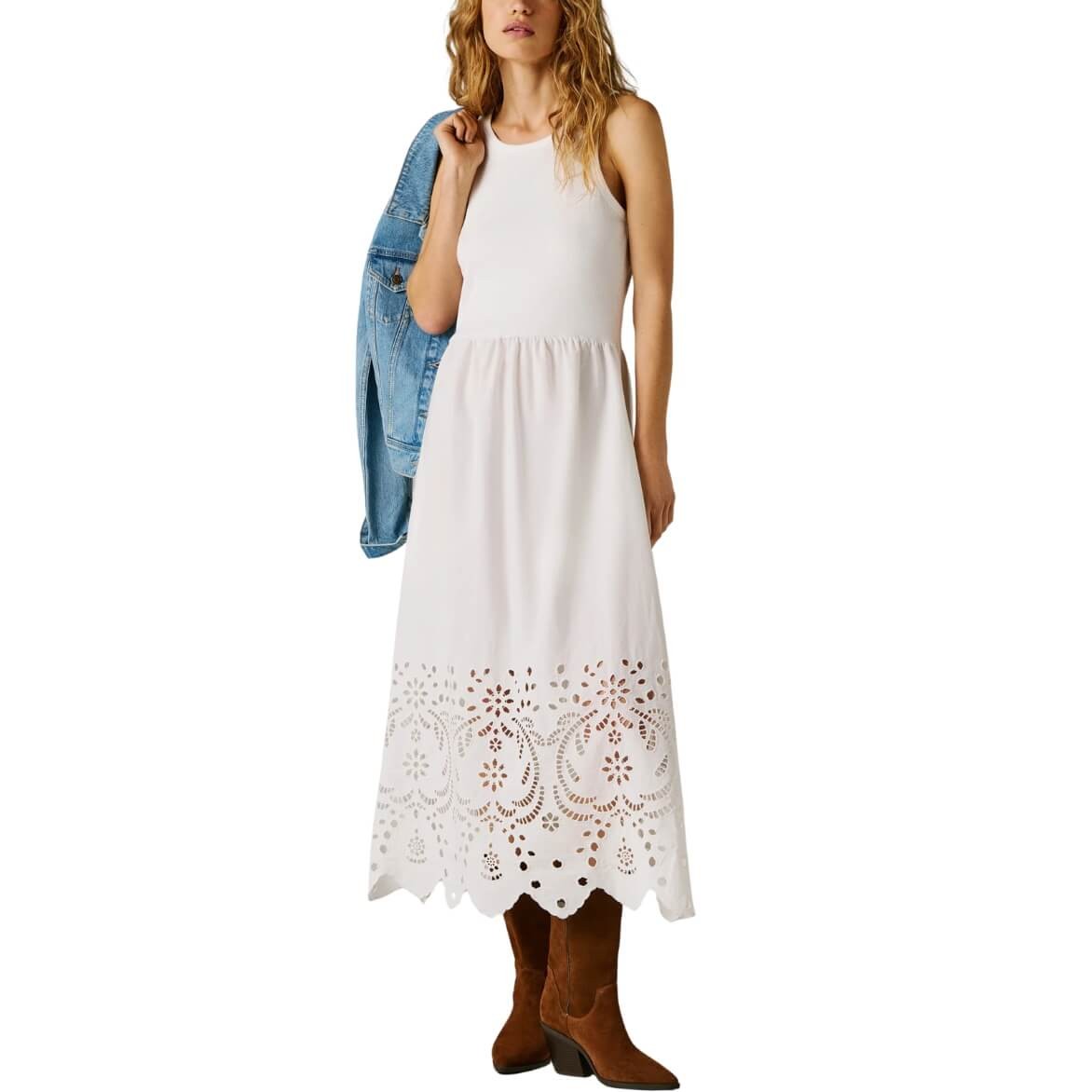 Vestido Midi De Tirantes Naomi Blanco Bimaterial Con Encaje De
