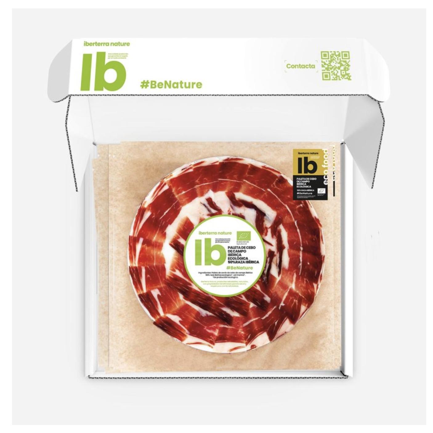 Paleta ibérica de cebo de campo. Paleta de campo ibérica ecológica Iberterra Nature a cuchillo. Paleta ibérica de cebo de campo 50% ibérica ecológica Iberterra Nature. 14/15 sobres de 100 gramos.