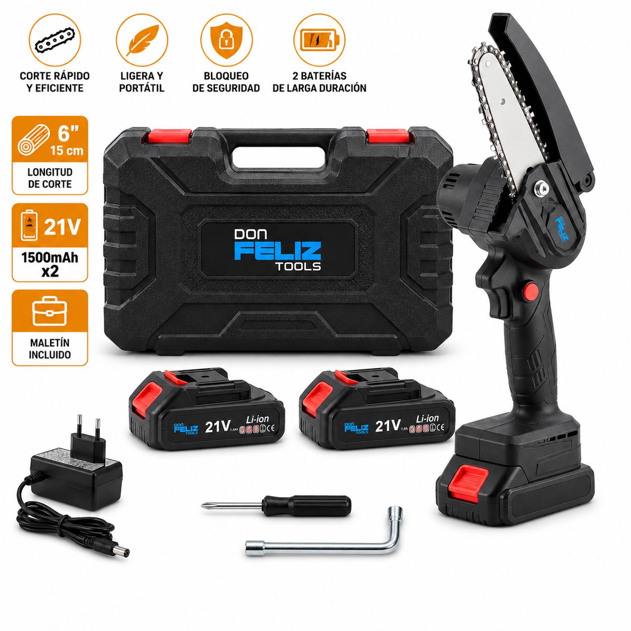 Mini Motosierra Eléctrica Inalámbrica 21V, Sierra de Poda 6" 16 cm con 2 Baterías 1500mAh, Bloqueo de Seguridad, Mango Antideslizante y Maletín, Motosierra Portátil para Ramas Jardín y Madera