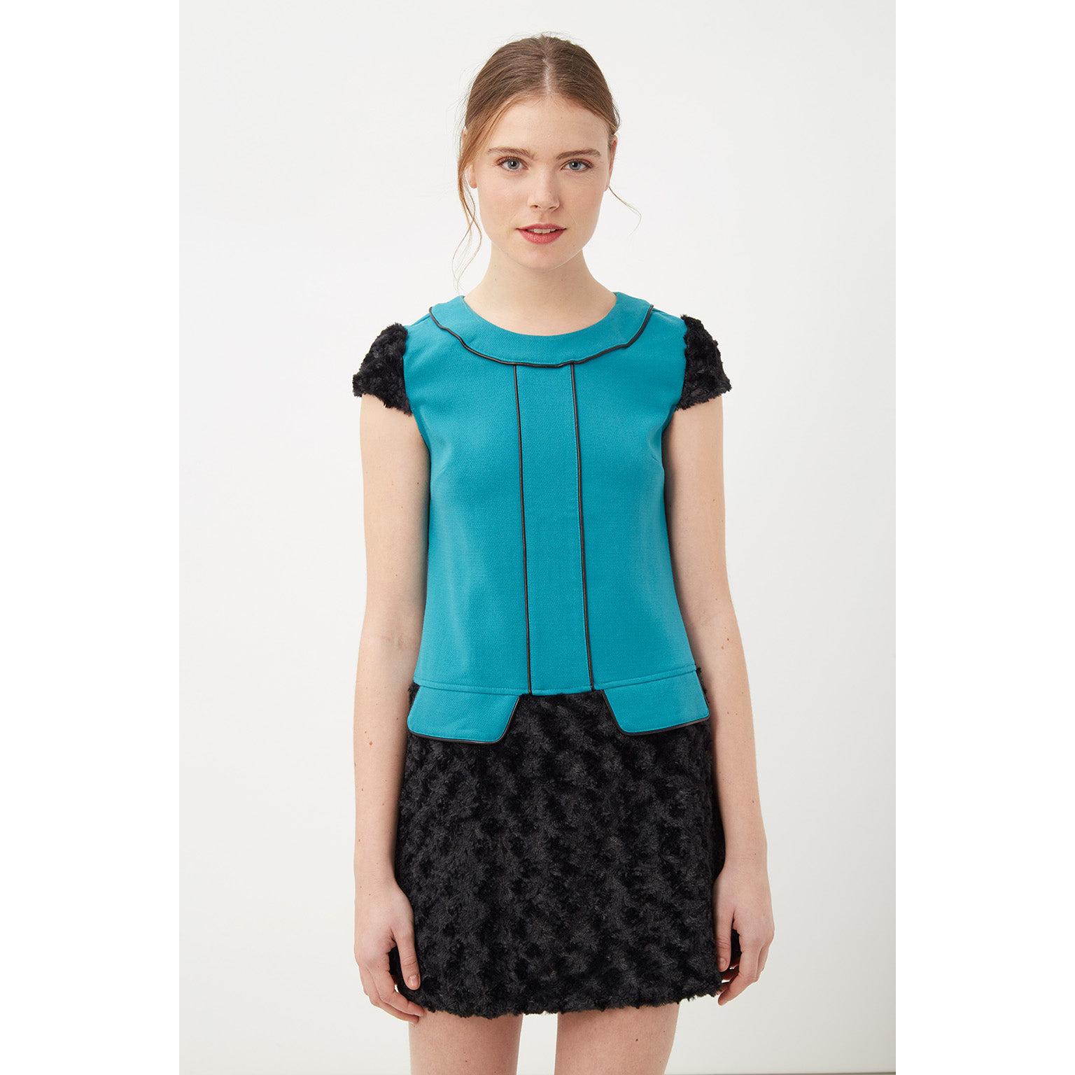 Blusa estructurada mujer, top moderno, manga corta, ribete contraste, tejido suave de alta calidad, corte recto elegante, azul, talla 36, look sofisticado y versátil para eventos ✅Entrega 24/48h