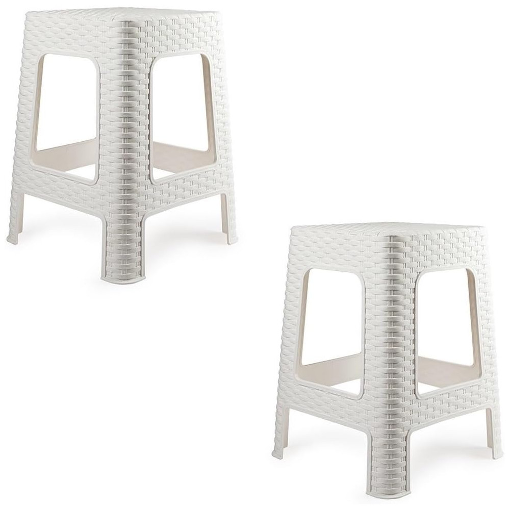 Taburete Plástico Estilo Ratán Apilable - 36x36x45cm (2, Blanco) COSHANO