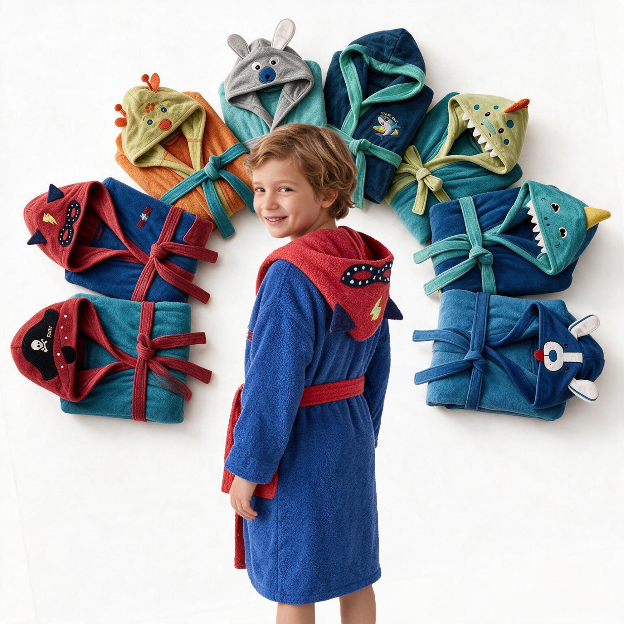 Albornoz infantil niño 100% algodón con capucha y bordado Suave y Absorbente - STILIA