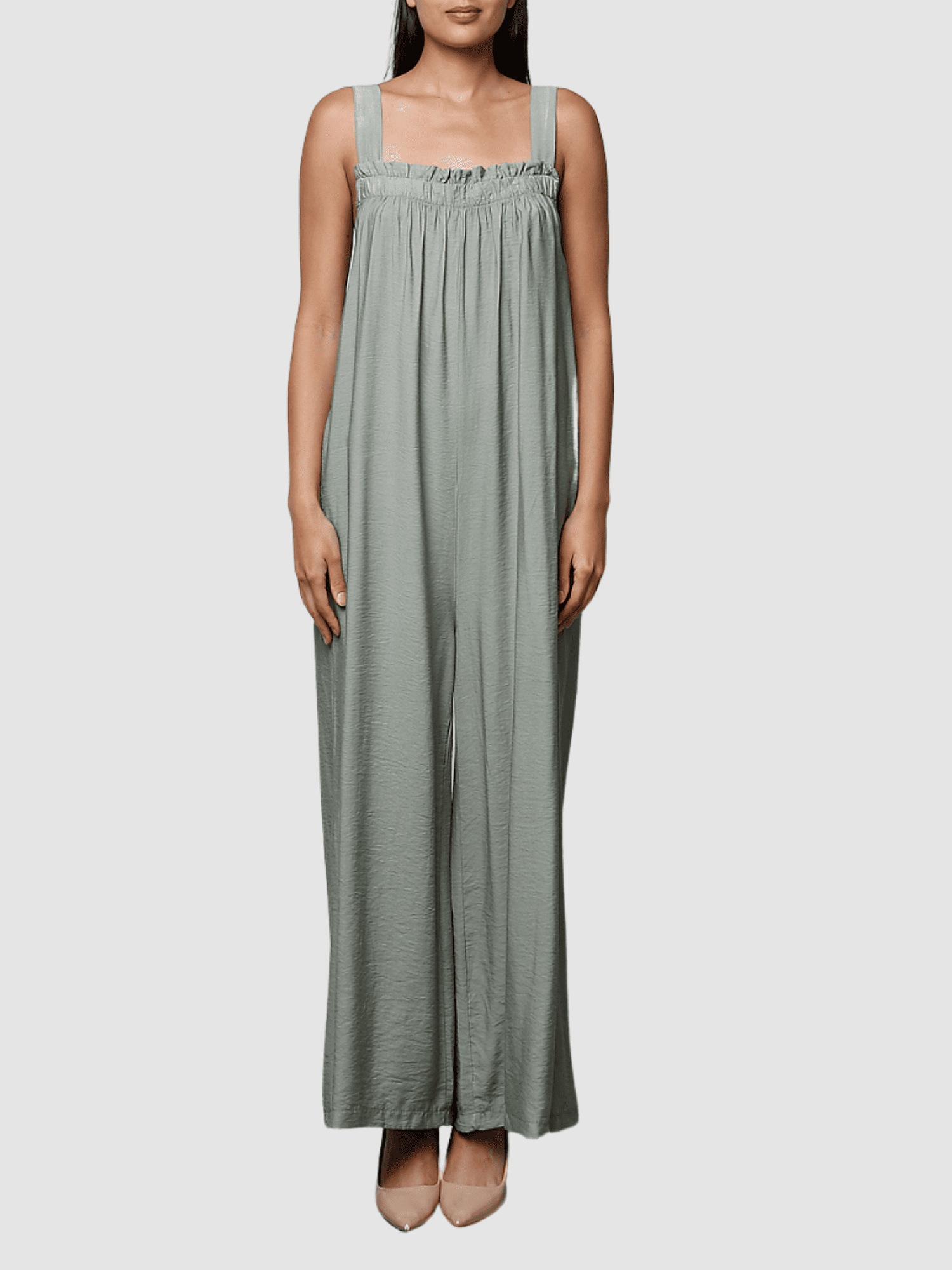 Mono largo palazzo mujer, jumpsuit tirantes anchos, escote fruncido elástico, corte amplio, diseño cómodo y versátil, color verde, talla única, ideal outfits casuales o elegantes ✅Entrega 24/48h