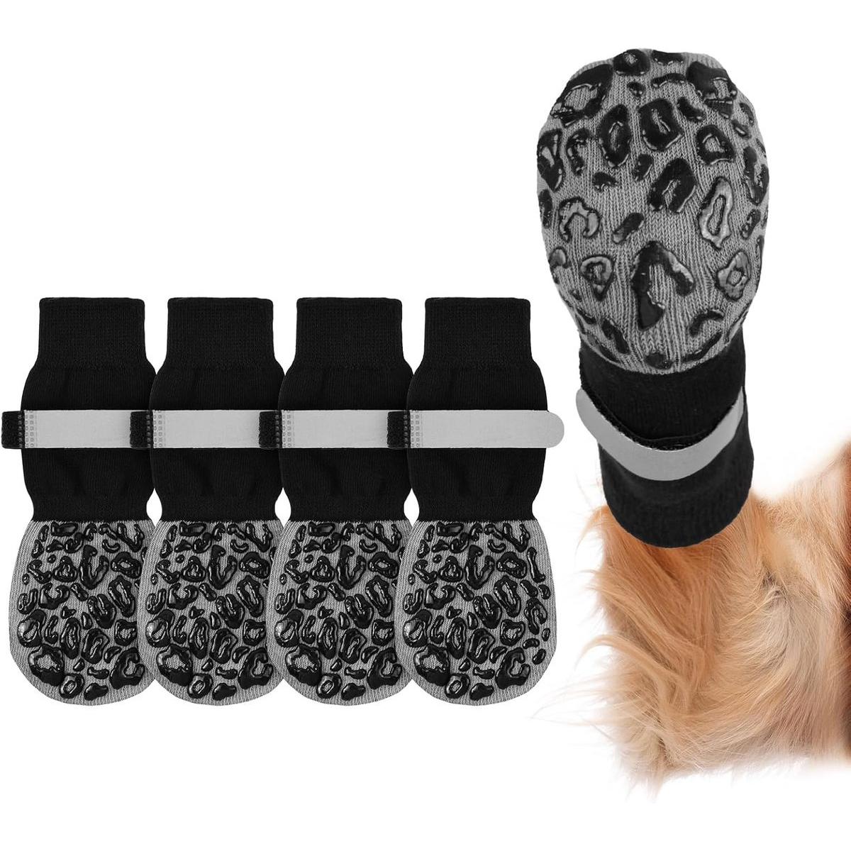 Set van 4 beschermende hondensokken, Voorzien van antislipmateriaal, klittenbandsluiting, pootbeschermers en dubbelzijdige antislipzool. Geschikt voor kleine, middelgrote, grote en oudere honden. zwart-2, maat S(voor honden van 6-11 kg).