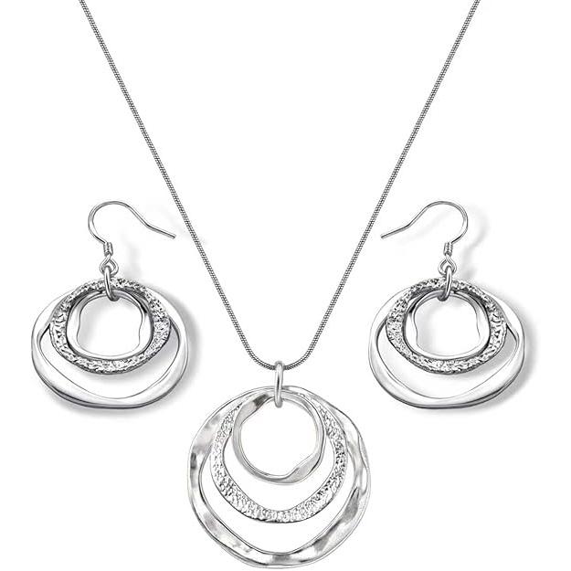 Conjunto de pendientes y collar de plata con diseño geométrico bohemio, pendientes de aro y collar