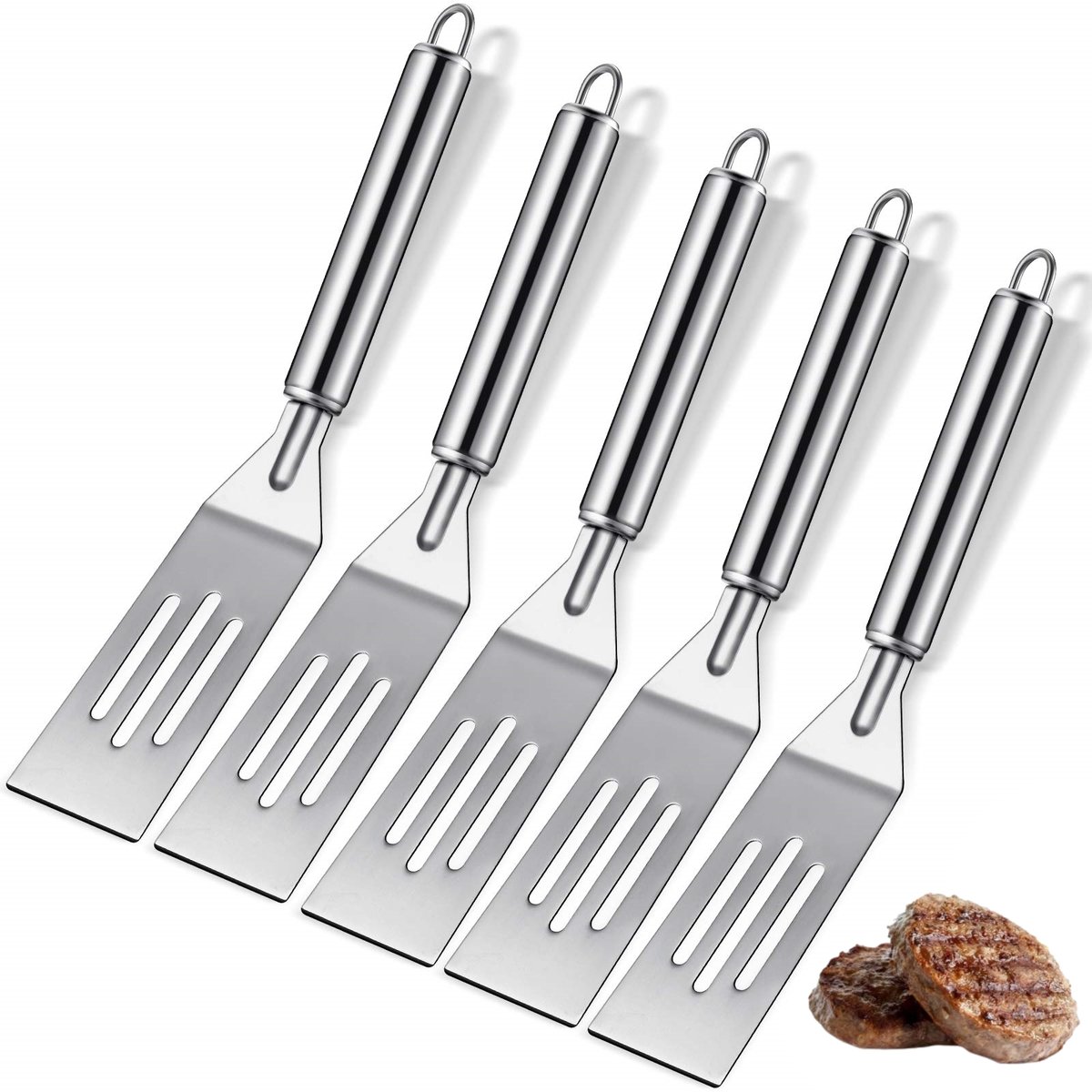 Juego de 5 espátulas: Espátula pequeña de acero inoxidable, hoja resistente, mango curvo, mango perforado, apta para lavavajillas, ideal para brownies, galletas, huevos y tortitas.