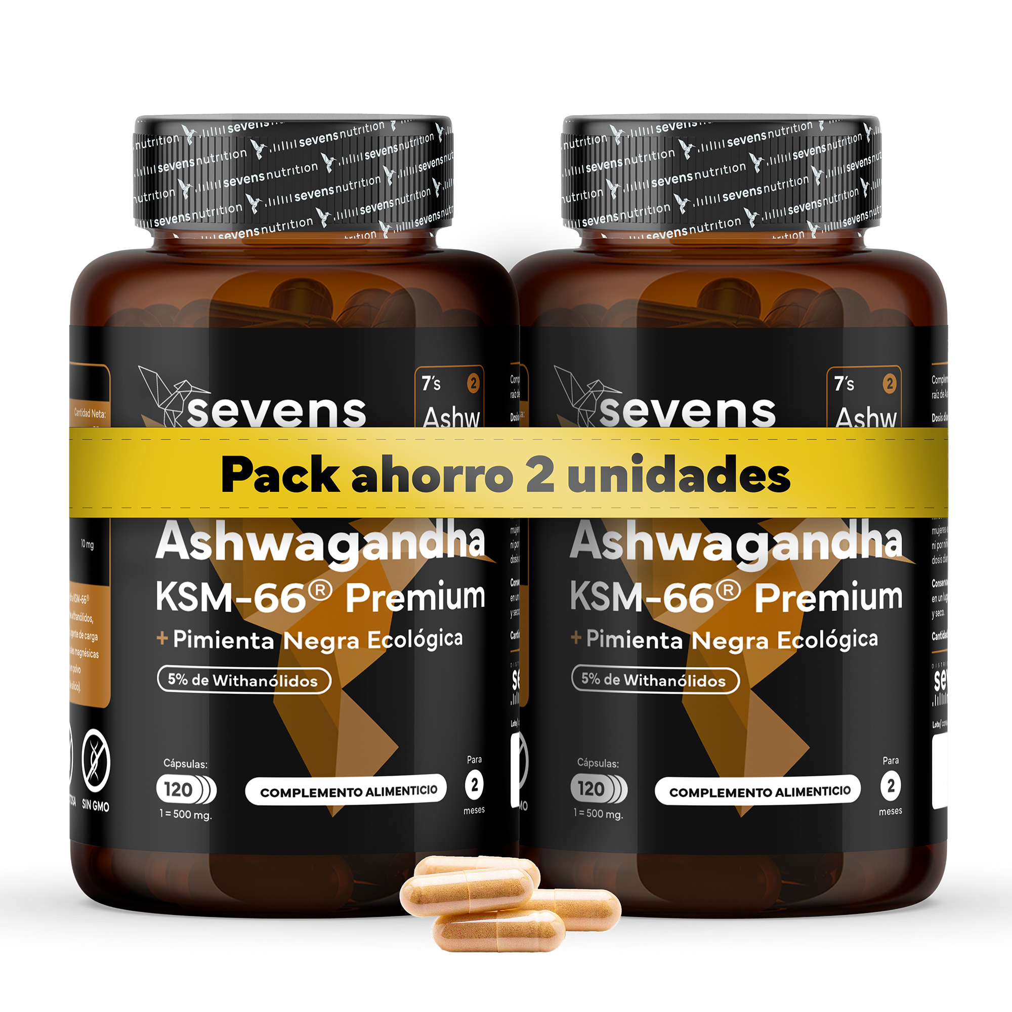 Pack 2x Ashwagandha KSM-66® 600 mg – Con Pimienta Negra – 240 Cápsulas – Sevens Nutrition