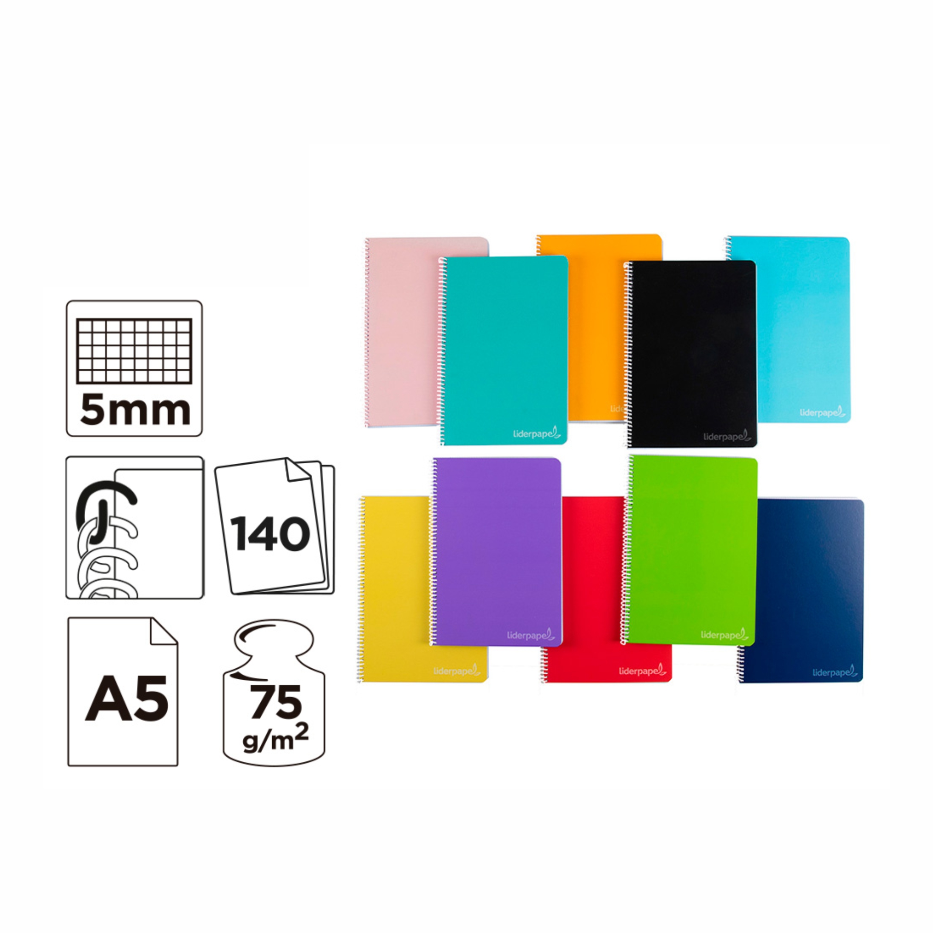 Cuaderno Espiral A5 Liderpapel, 140 Hojas, 75 Gramos, Microperforadas, 6 Taladros, Cuadrícula 5mm, Cubiertas Cartón Forrado Duro - Color Surtido