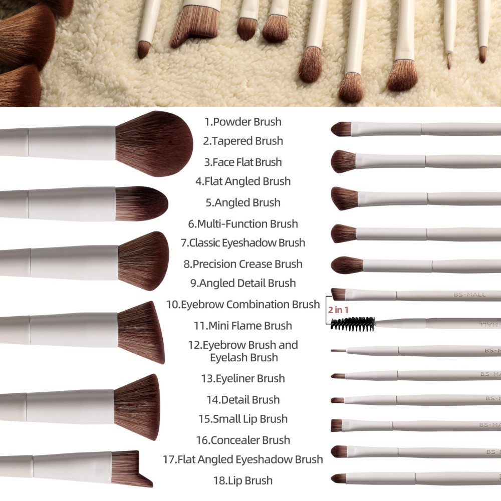 TK Set de brochas de maquillaje Yci blanco lechoso de 18 piezas: brocha para sombras de ojos, brocha para polvos sueltos, brocha para coloretebrochas de maquillaje