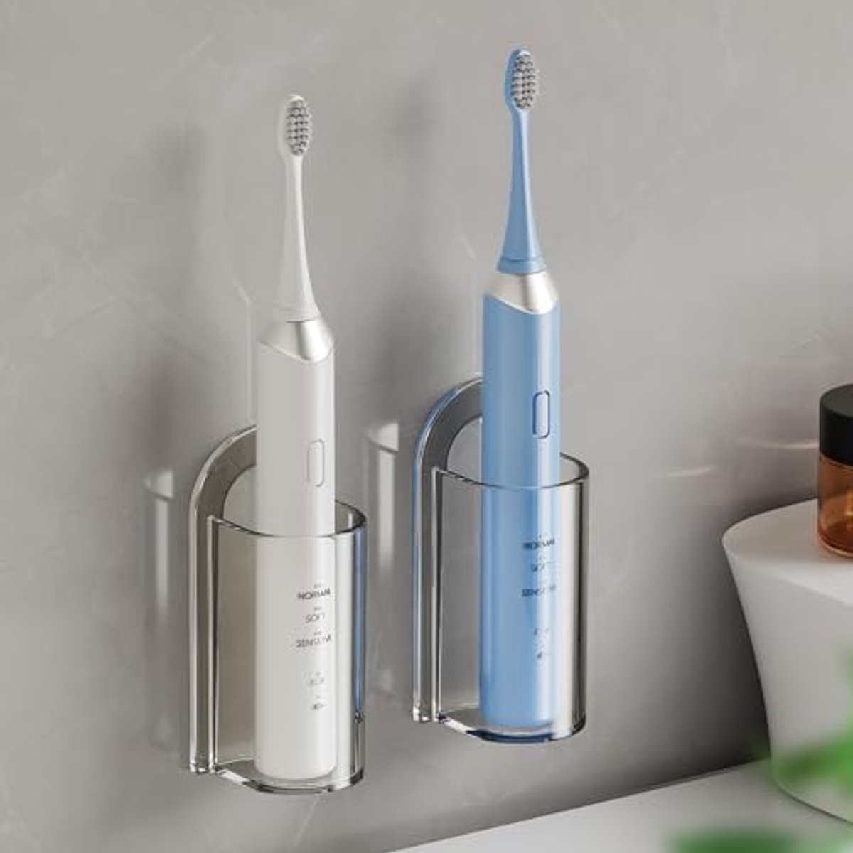 Soporte para cepillo de dientes eléctrico - Soporte para cabezal de cepillo de dientes - 2 unidades - Montaje en pared - Soporte para cepillo de dientes - Transparente - Ahorra espacio