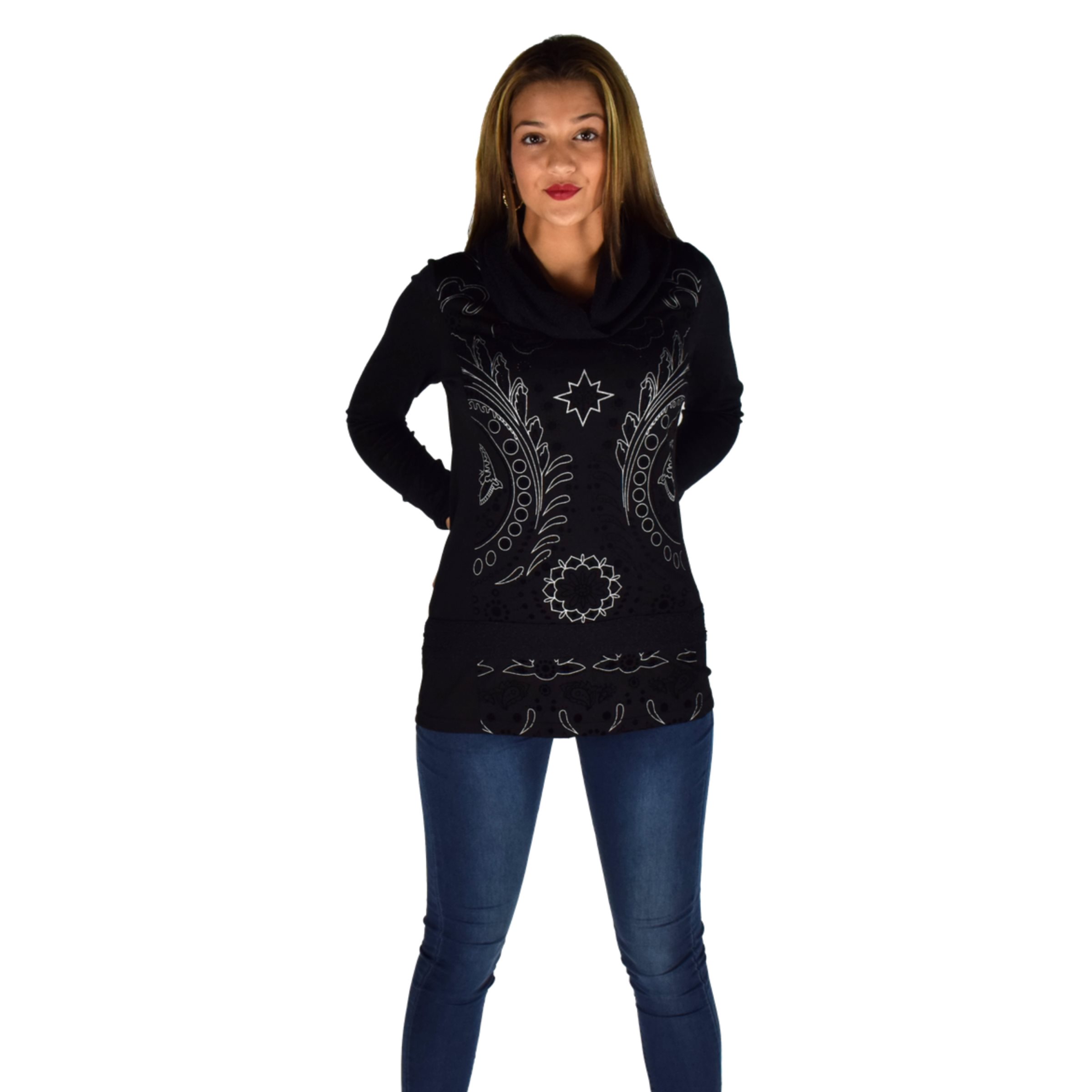 Koroshi - Camiseta manga larga estampada con brillantes y acabado foil para mujer, de viscosa suave y fluida color negro