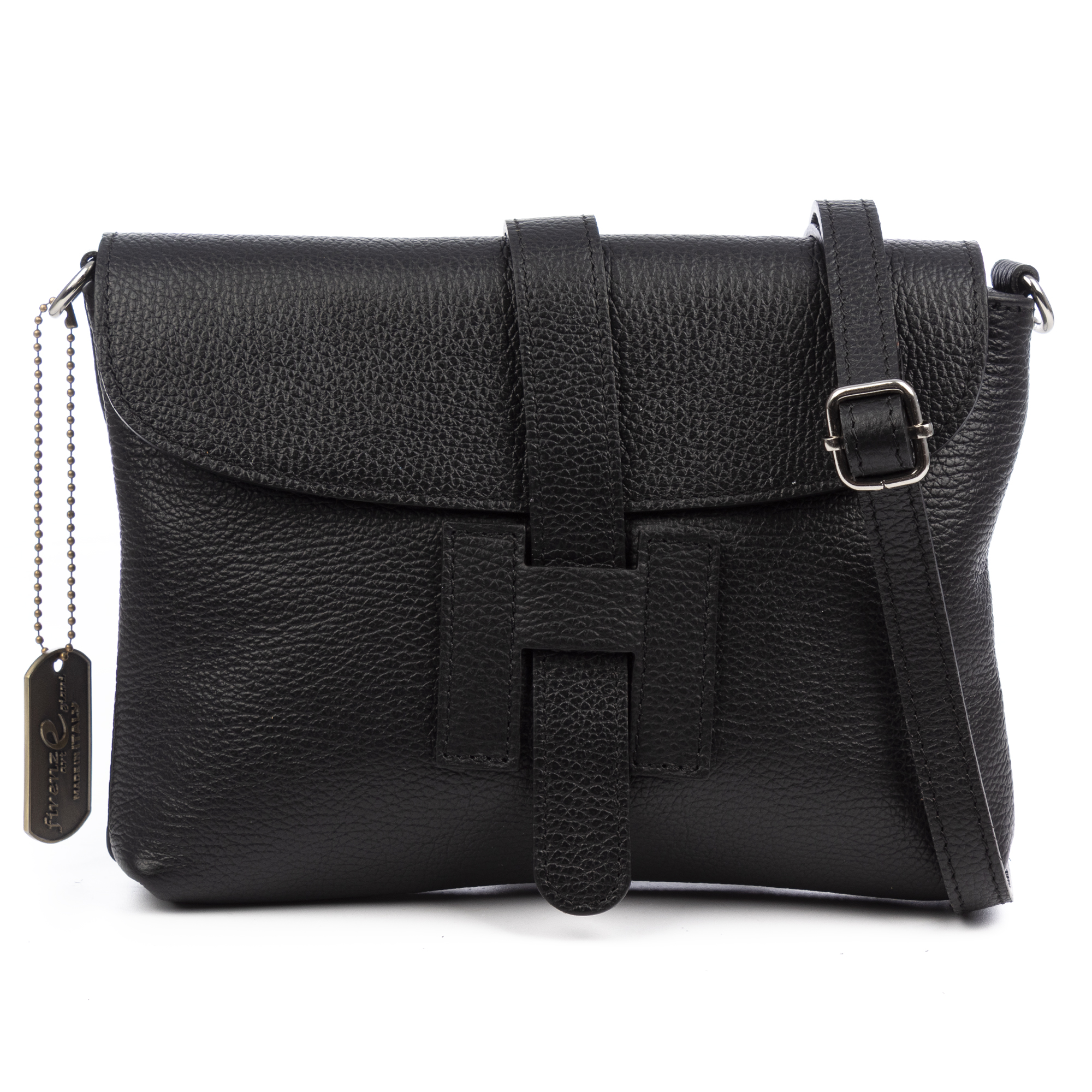 FIRENZE ARTEGIANI Battuda Bolso bandolera Mujer. Piel auténtica Dollaro. Fabricado en Italia 23,5x5x15,5 Cm. Color: Negro