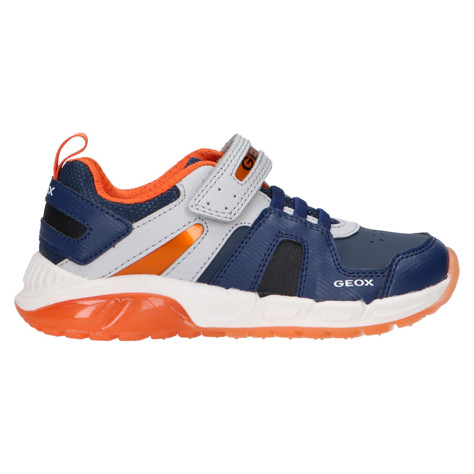 Geox J04CQA 054CE J Spaziale Navy Kids Sports Shoes with cushioned insole, anti-slip sole, and fun LED lights, perfect for active play and providing comfort, safety, and lightweight design for boys.