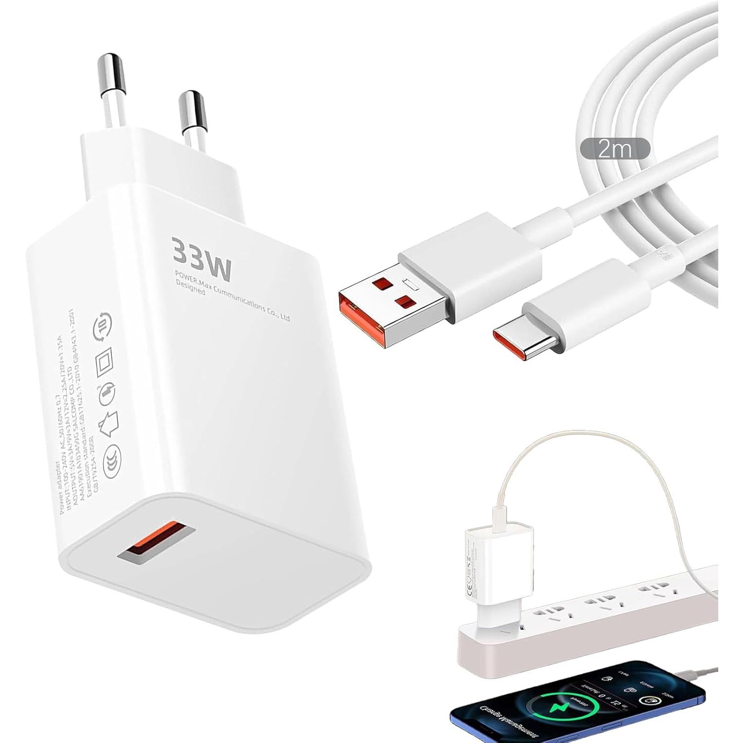 Cargador rápido de 33W para Xiaomi con Cable USB C de 2M,Adaptador de 33W para Xiaomi Redmi Note 13 Pro 12 11 10 9 Xiaomi 14/14T/13T/13/13 Lite,Redmi Note 15 14 13 12 11 10 Pro 5G,Poco F7 X7 X6