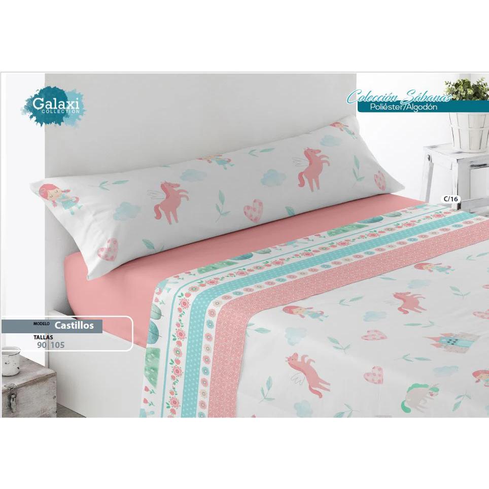 Juego de sábanas infantil de verano, 50% Algodón para cama de 90 y 105. Estampados animados. Finas y suaves. Azul y Rosa. Castillos, Monstruos..