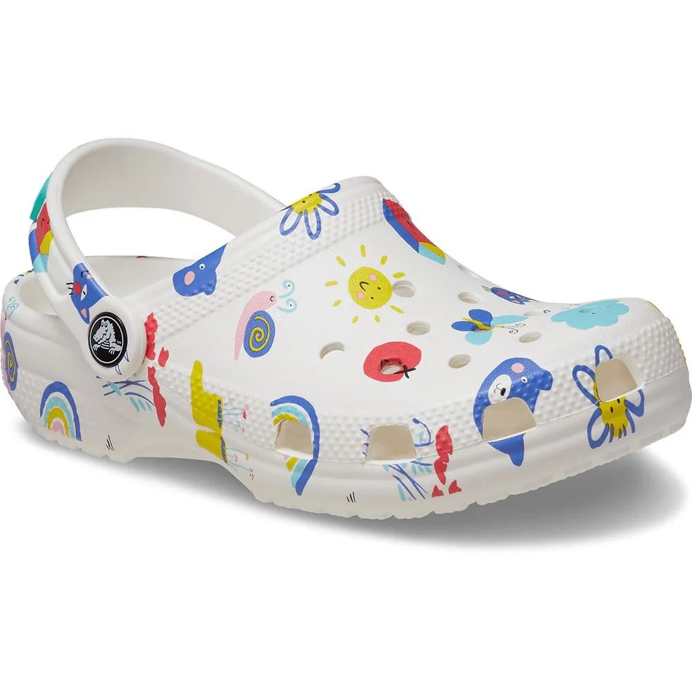 Crocs - Zuecos Classic Doodle Print junior para niños, ligeros y cómodos de Croslite, sin cordones con correa ajustable en talón, ideales para parque y actividades diarias