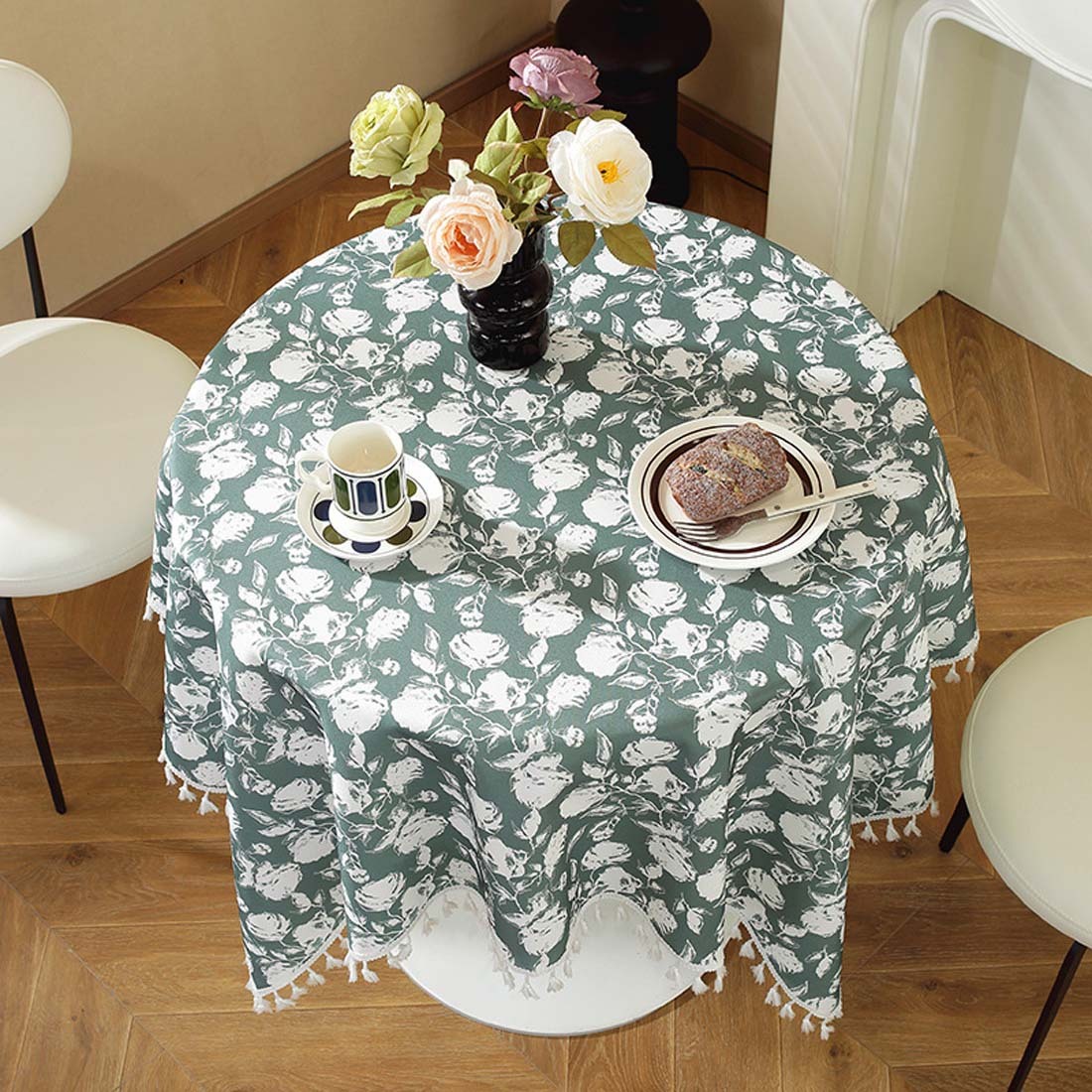 Mantel impermeable retro, mantel floral, mesa de centro con borlas, mantel redondo, verde, 140*140cm