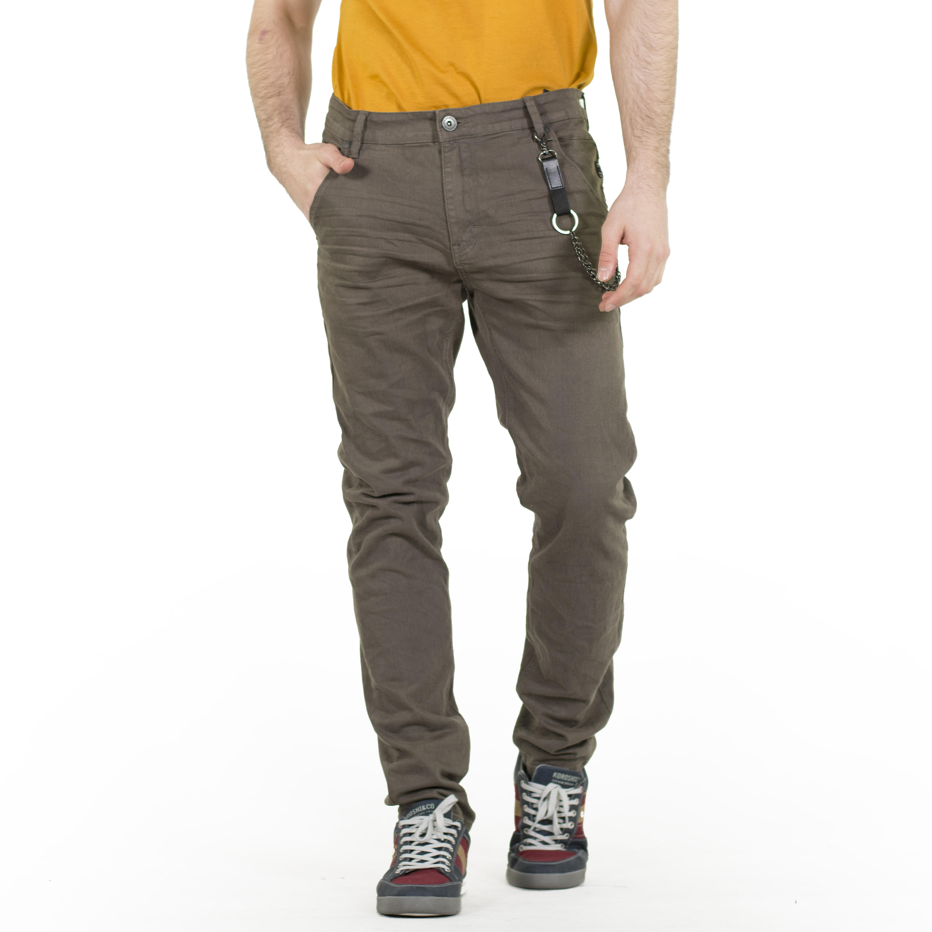Koroshi - Pantalón hombre low rise slim fit de twill elástico con cadena extraíble, corte urbano y cómodo para estilo casual