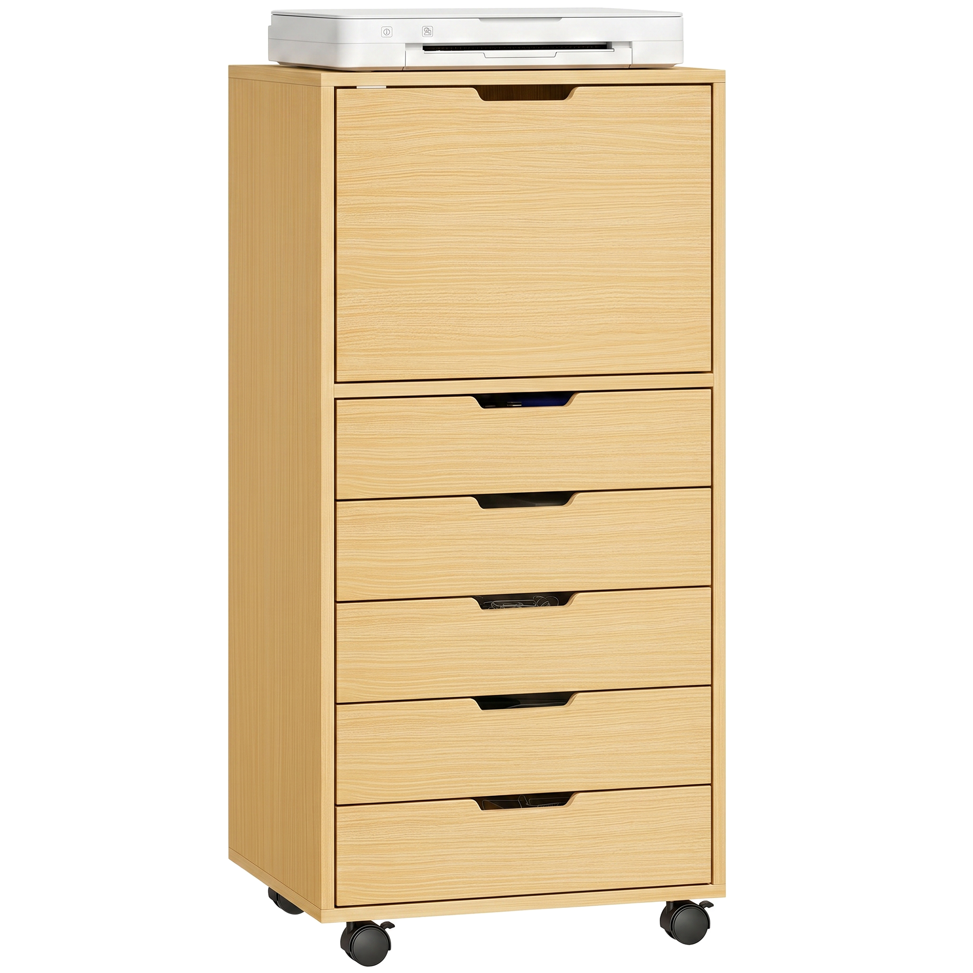 HOMCOM Cajonera Escritorio con 5 Cajones, Cajonera de Oficina con Ruedas y Armario con Cierre Suave, Soporte para Impresora, Mueble Archivador para Oficina en Casa