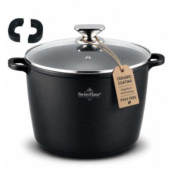 Cacerola de inducción Swiss Haus® BDP24S con tapa -- Libre de PFAS - Apta para todo tipo de cocinas - Revestimiento antiadherente Sapphire™ - Gris -Negro