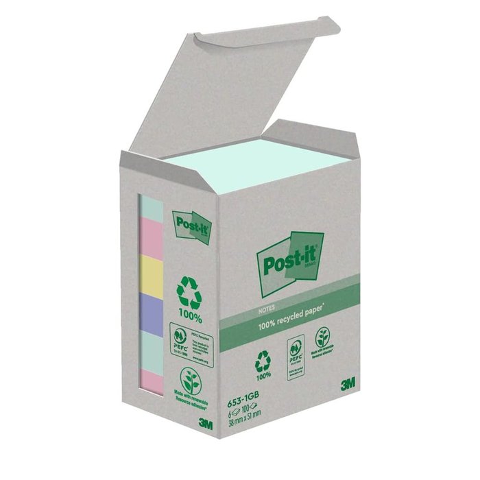 POST-IT NOTA ADHESIVA POST-IT 38X51MM 6X100H RECICLADA COLOR PASTEL PERMANENTE 7x6x4 Cms.