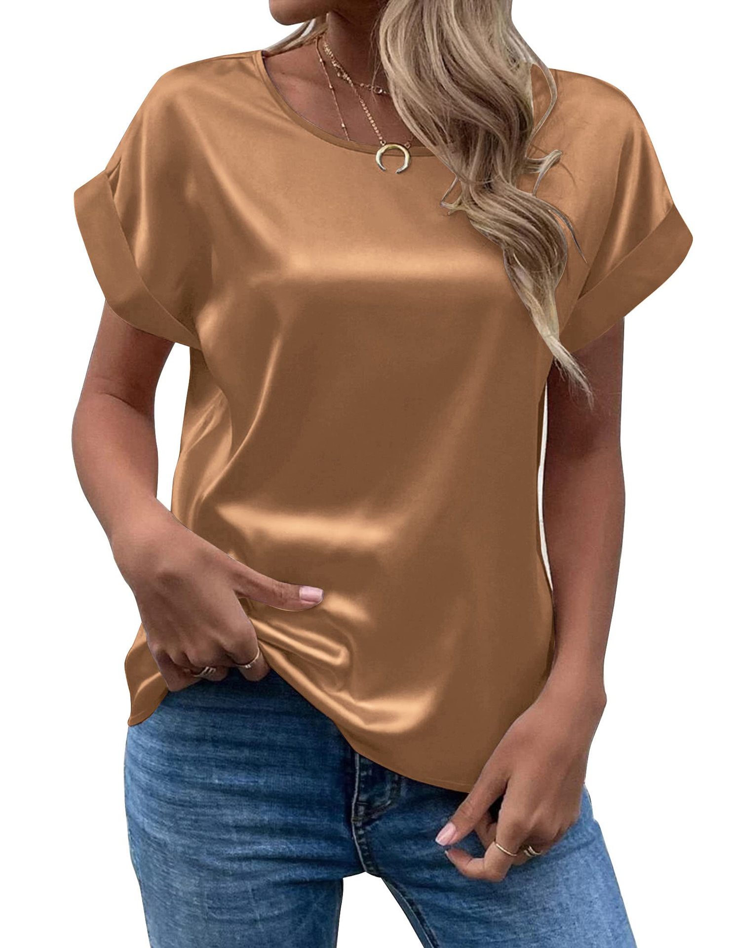 TK Camiseta De Seda Para Mujer Con Manga Corta Estilo Casual Cuello Redondo Colores Variados Talla Grande Primavera Verano
