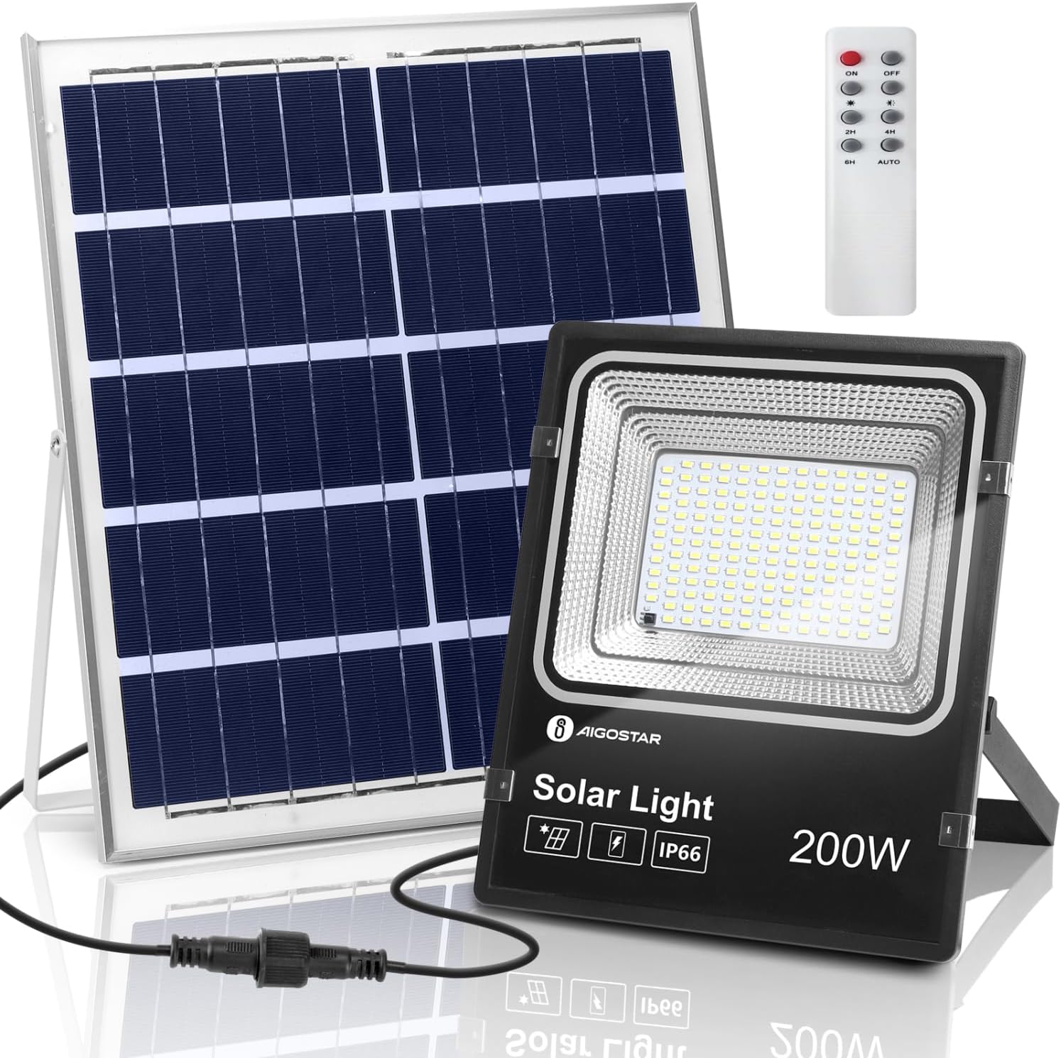 Foco Proyector LED Solar con Mando a Distancia  200W 6500K Luz Blanca Resistente Al Agua aigostar