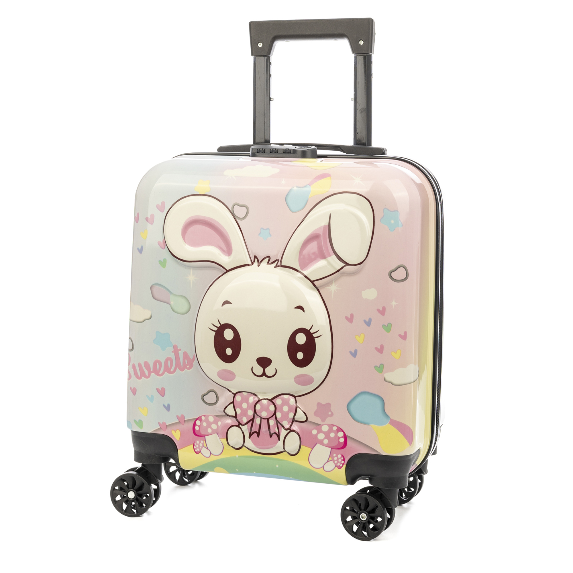 DAM. Maleta trolley infantil en material ligero de ABS de alta resistencia. Cerradura numérica, 4 ruedas dobles giratorias 360°. Diseño de conejo. 35x23x45 cm. 35x23x45cm.