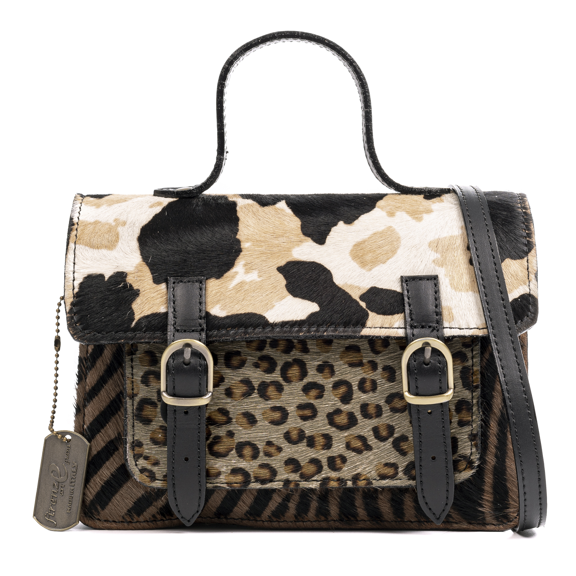 FIRENZE ARTEGIANI Assoro bolso Satchel con doble hebilla, piel auténtica Cavallino estampada. 24x8,5x18cm