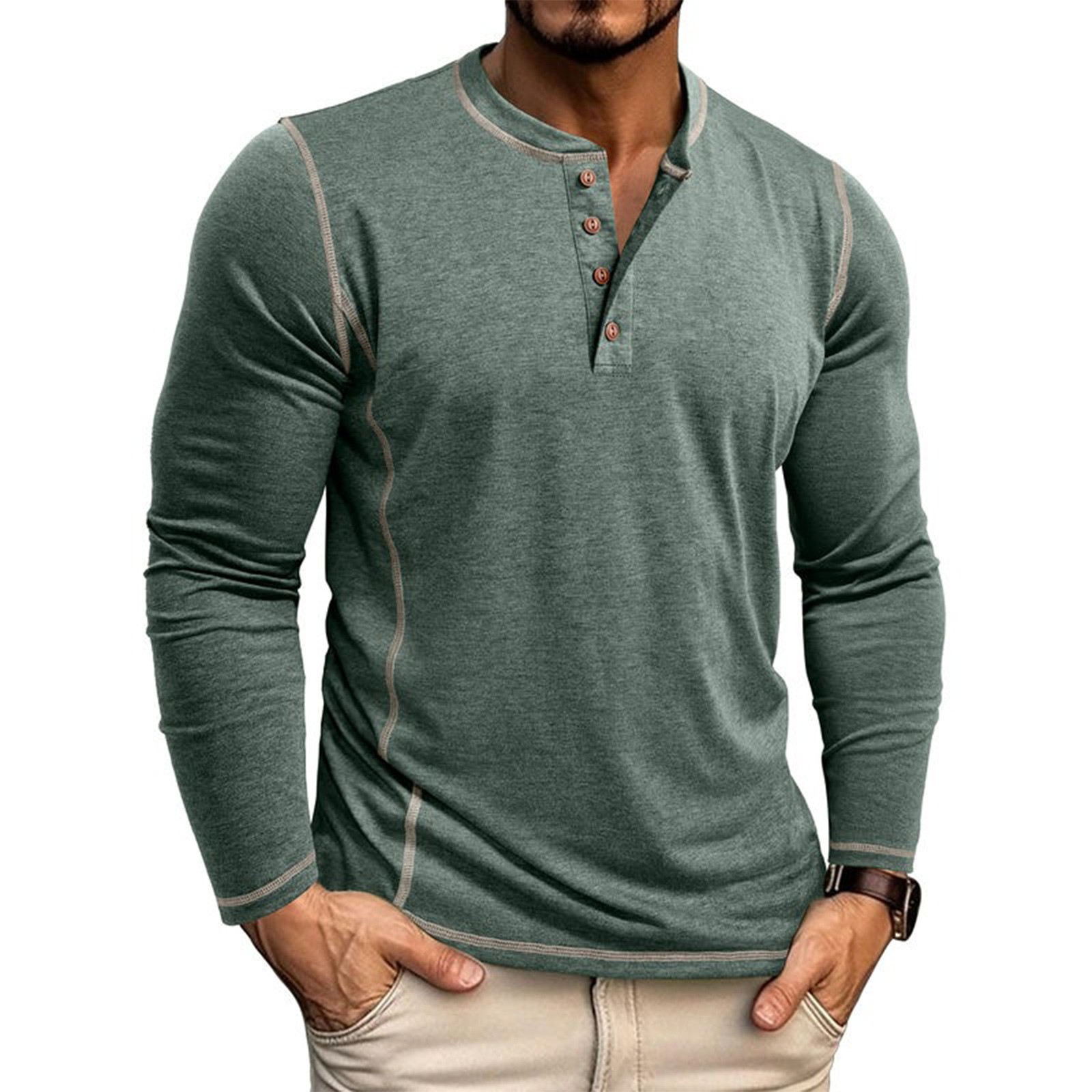 TK Camiseta De Manga Larga Para Hombre Con Cuello Henry Y Cuatro Botones Estilo Casual Para El Día Cuidado Facil Material Poliéster
