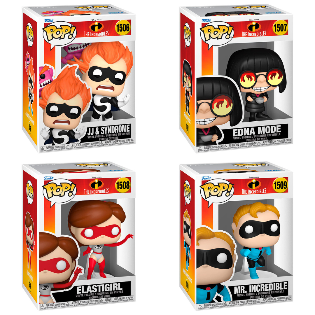 Funko Pop Disney Pixar Los Increibles Pack Completo X 4 Unidades JJ Y Syndrome 1506 Edna Moda 1507 Elastigirl 1508 Mr Increible 1509 Figura Coleccionable