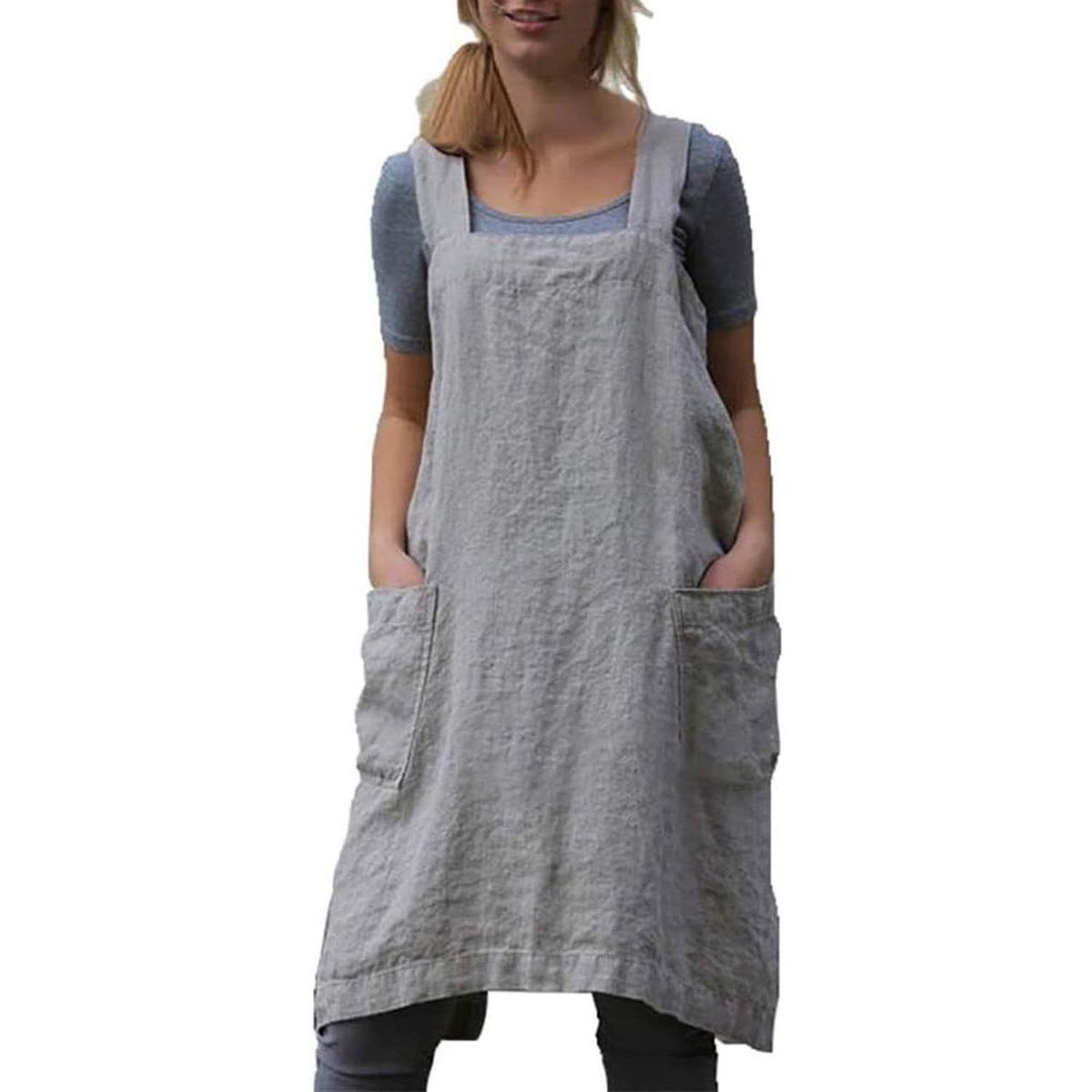 Delantal - Delantal cruzado para mujer - Algodón - Delantales - Delantal con bolsillos para trabajar en jardinería, cocina, pintura y repostería - Gris