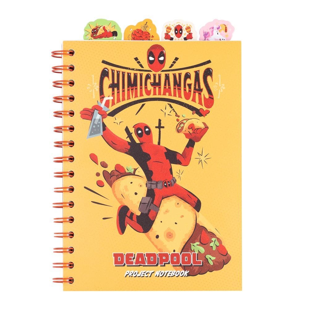 Cuaderno A5 Deadpool Marvel, Tapa Blanda con Encuadernación Wire-O, 80 Hojas Bullet Journal, 4 Separadores Personalizados, Diseño Chimichangas Amarillo, para Regalo y Colección